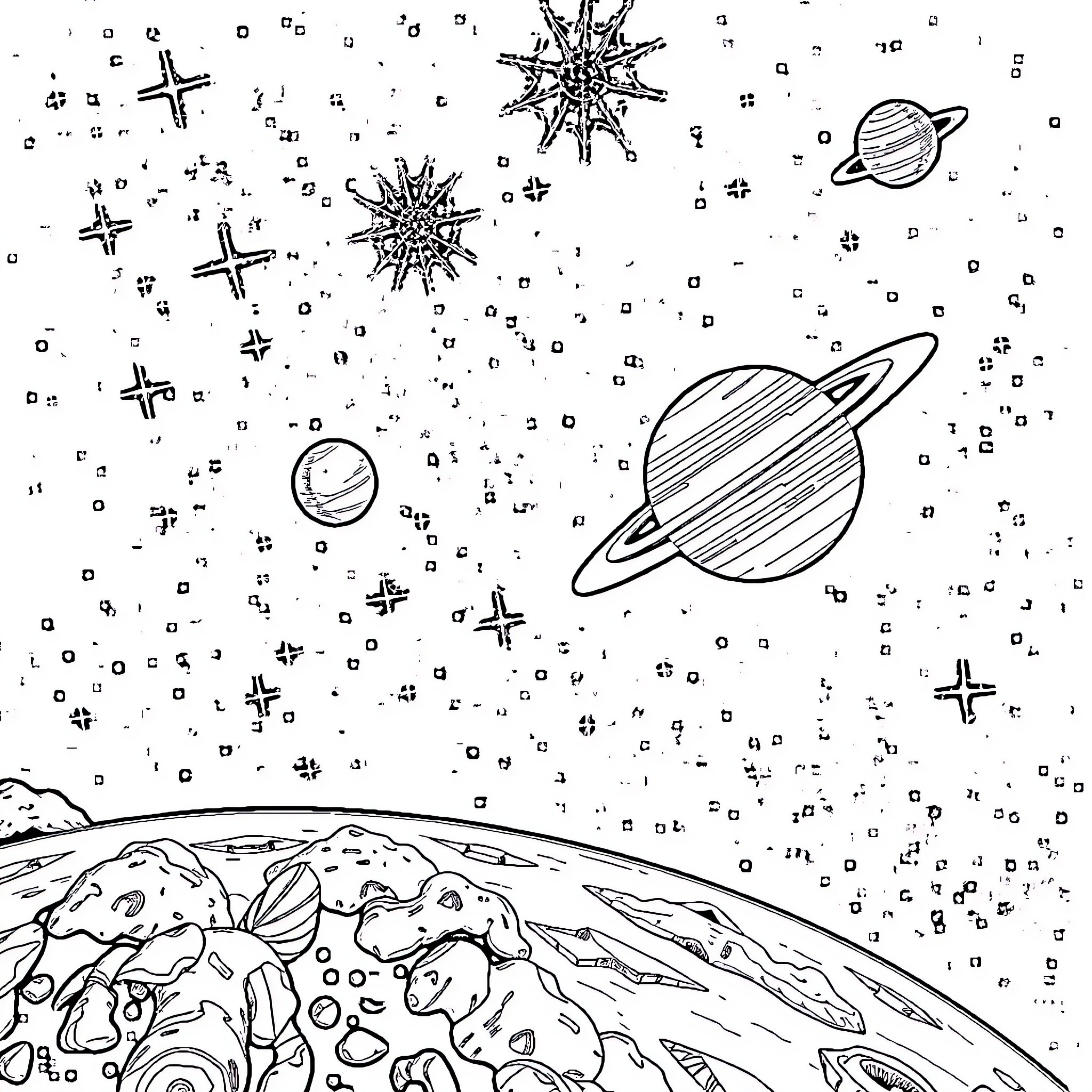Sothera's Cosmic Odyssey Coloring Page (free black-and-white line drawing printable PDF for all, from beginners to advanced learners, including children, teens, adults, and seniors)