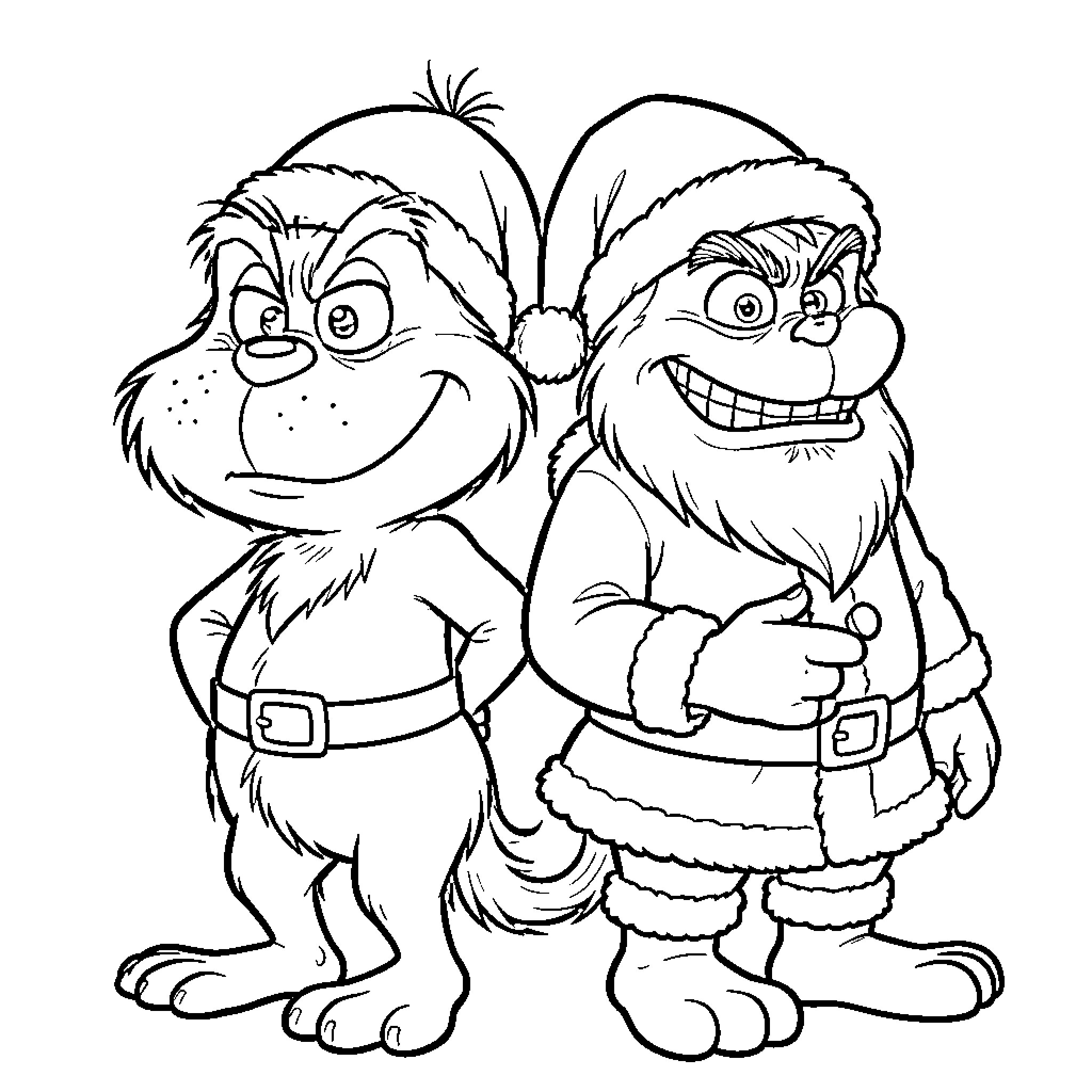 Grinch characters posing with mischievous facial expressions Coloring Page (free black-and-white line drawing printable PDF for all, from beginners to advanced learners, including children, teens, adults, and seniors)
