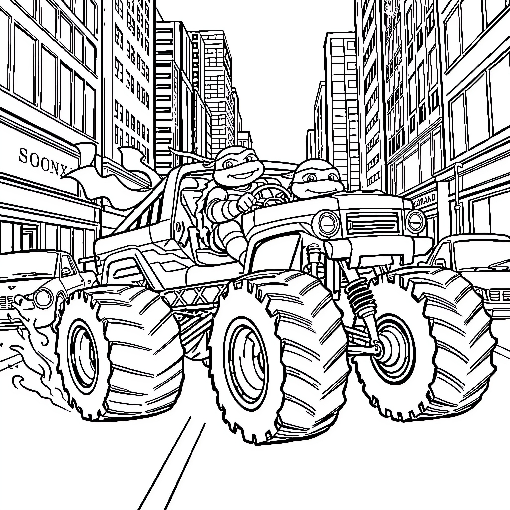 Teenage Mutant Ninja Turtles in Monster Truck Adventure Coloring Page (free black-and-white line drawing printable PDF for all, from beginners to advanced learners, including children, teens, adults, and seniors)