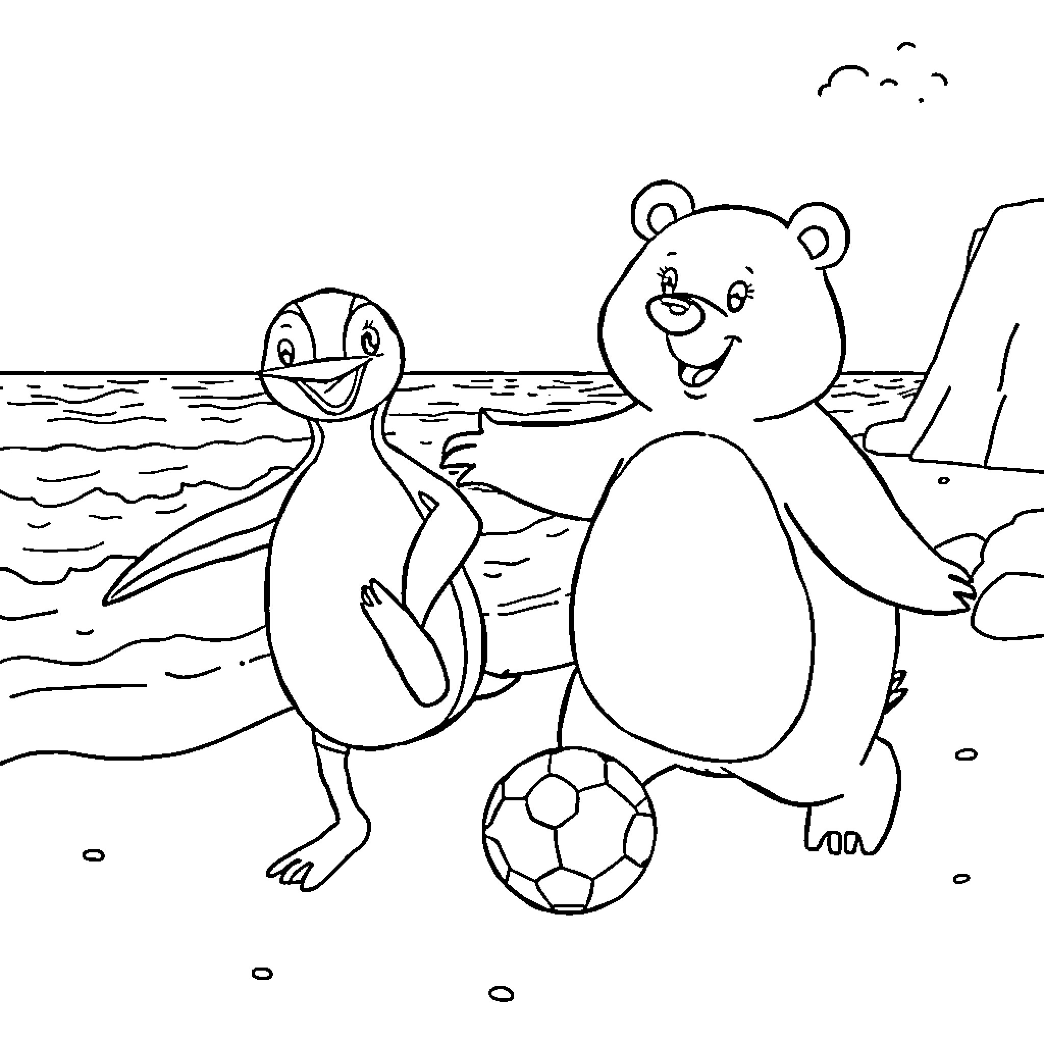 Penguin and Bear Playing on the Beach Coloring Page (free black-and-white line drawing printable PDF for all, from beginners to advanced learners, including children, teens, adults, and seniors)