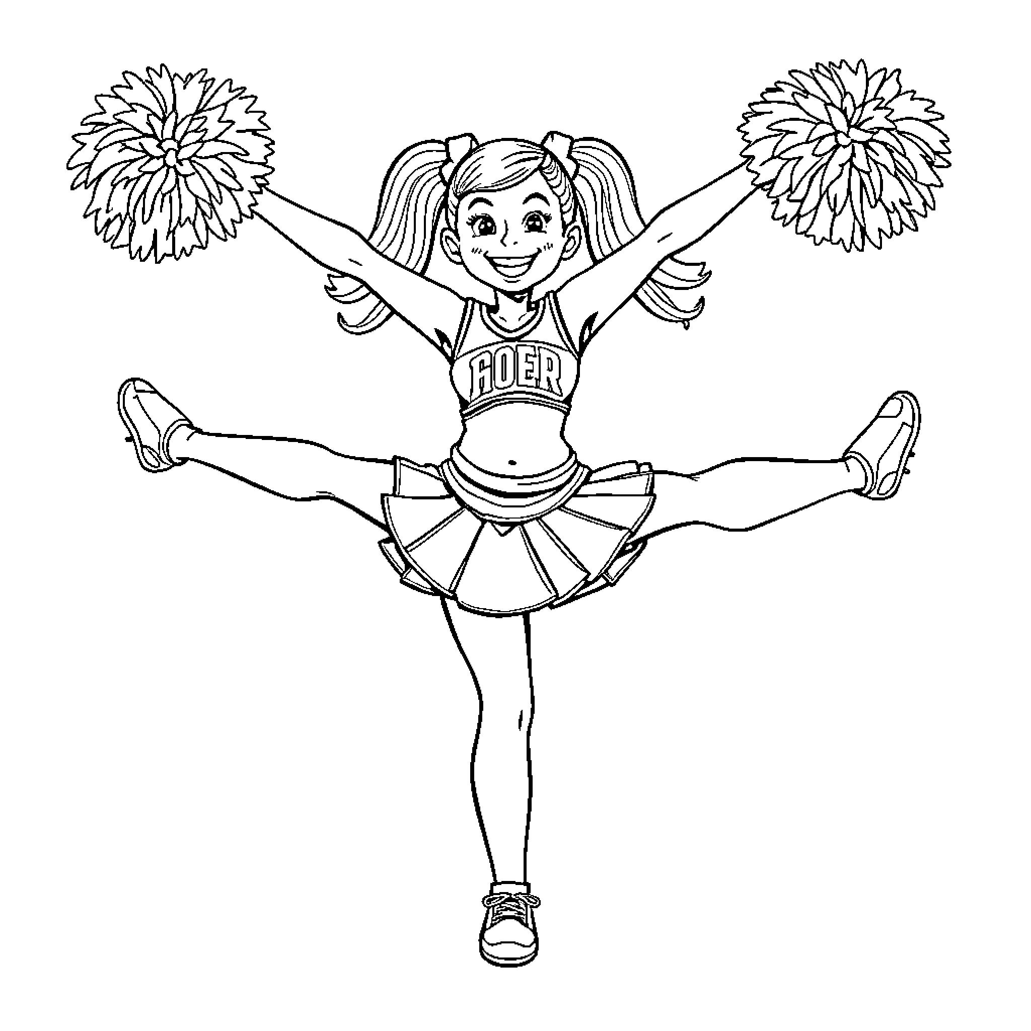 Cheerleader performing energetic cheer routine Coloring Page (free black-and-white line drawing printable PDF for all, from beginners to advanced learners, including children, teens, adults, and seniors)