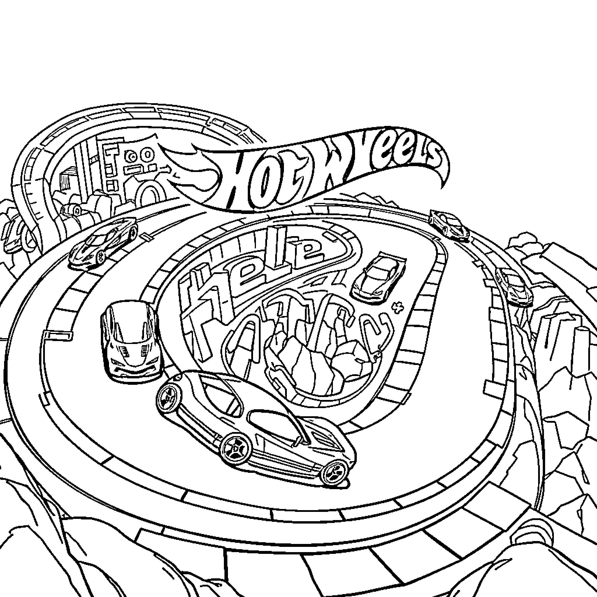 Hot Wheels racing cars through colorful track Coloring Page (free black-and-white line drawing printable PDF for all, from beginners to advanced learners, including children, teens, adults, and seniors)