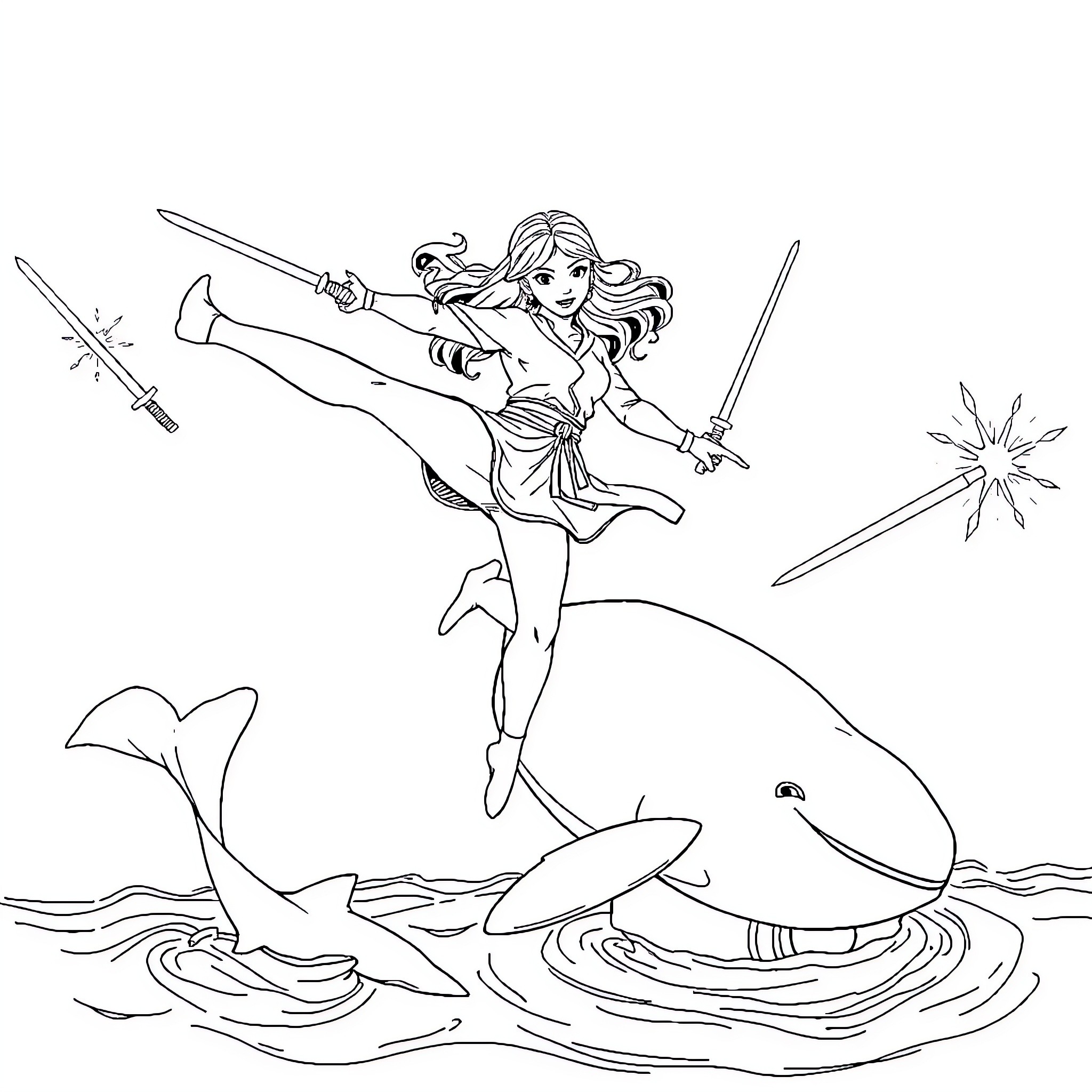 Olivia Benson battles sharks with dual swords Coloring Page (free black-and-white line drawing printable PDF for all, from beginners to advanced learners, including children, teens, adults, and seniors)