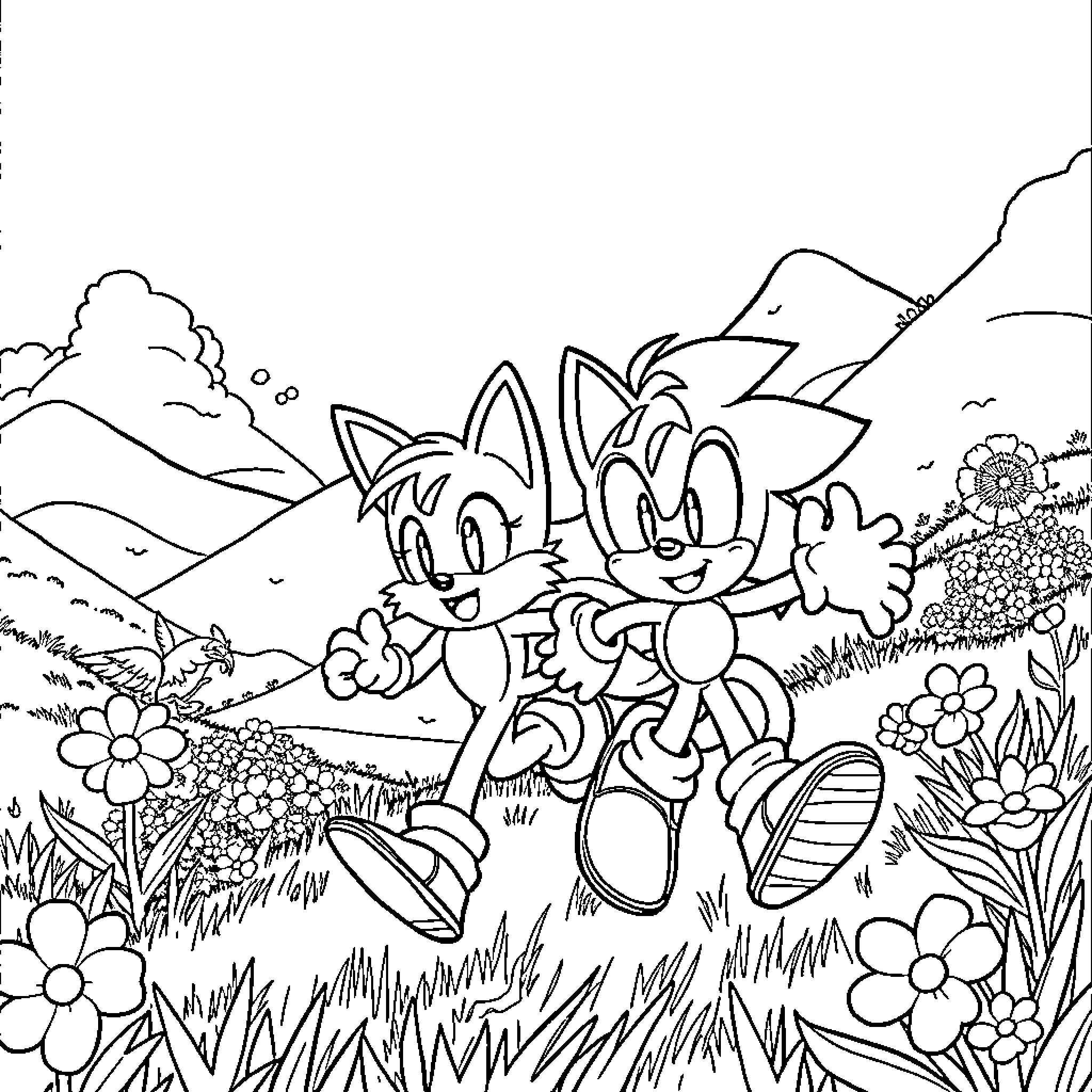 Sonic and friends explore the lush countryside Coloring Page (free black-and-white line drawing printable PDF for all, from beginners to advanced learners, including children, teens, adults, and seniors)
