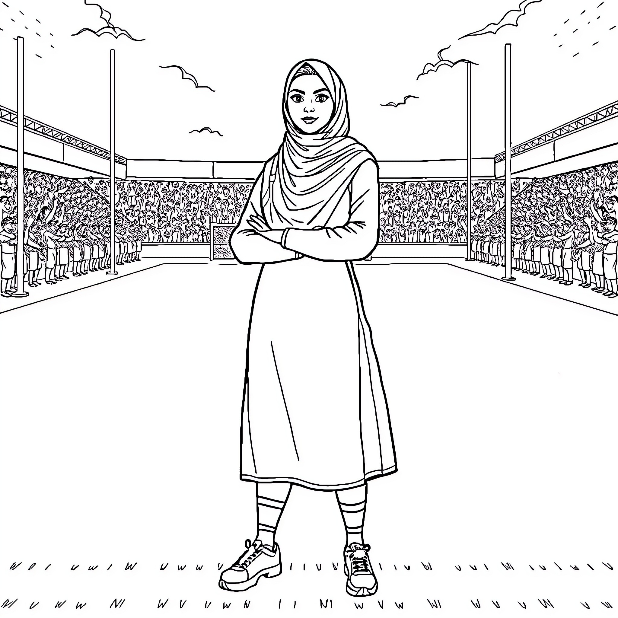 Woman standing confidently in a stadium Coloring Page (free black-and-white line drawing printable PDF for all, from beginners to advanced learners, including children, teens, adults, and seniors)
