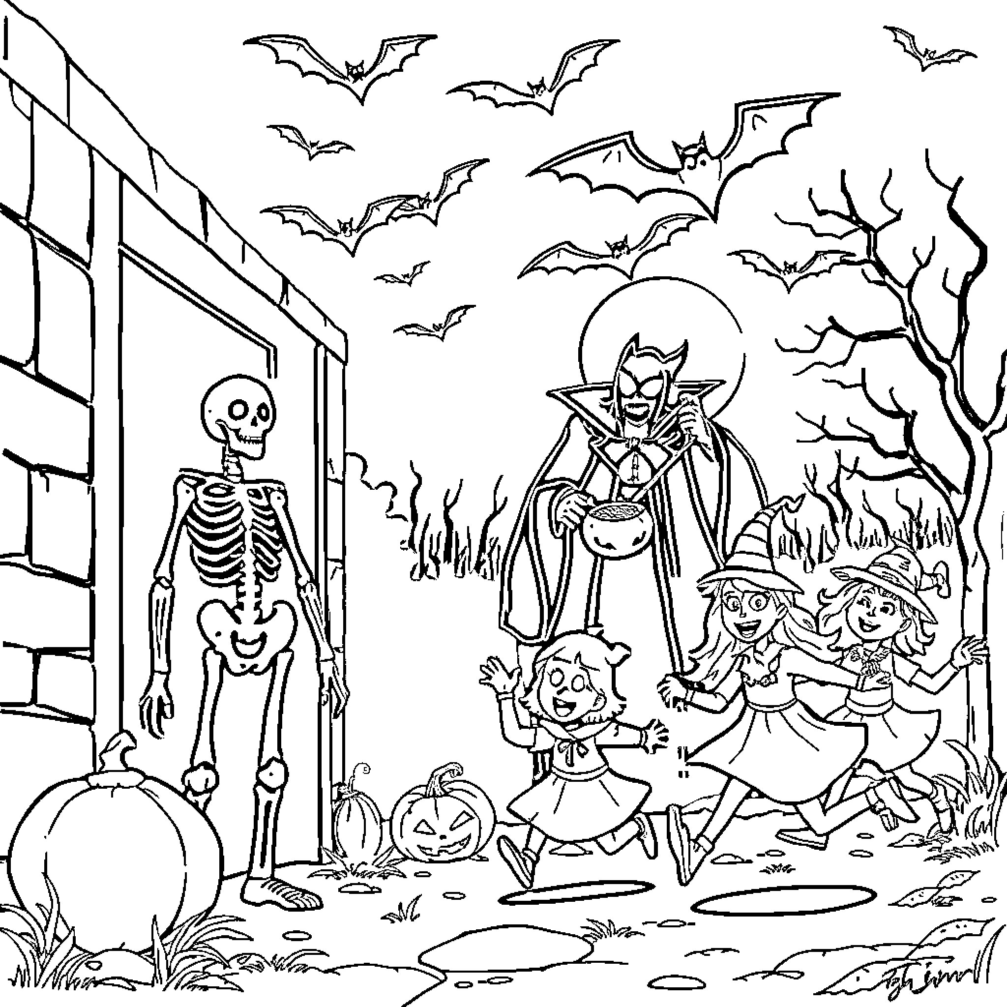 Skeleton Creatures in Halloween Spooky Scene Coloring Page (free black-and-white line drawing printable PDF for all, from beginners to advanced learners, including children, teens, adults, and seniors)