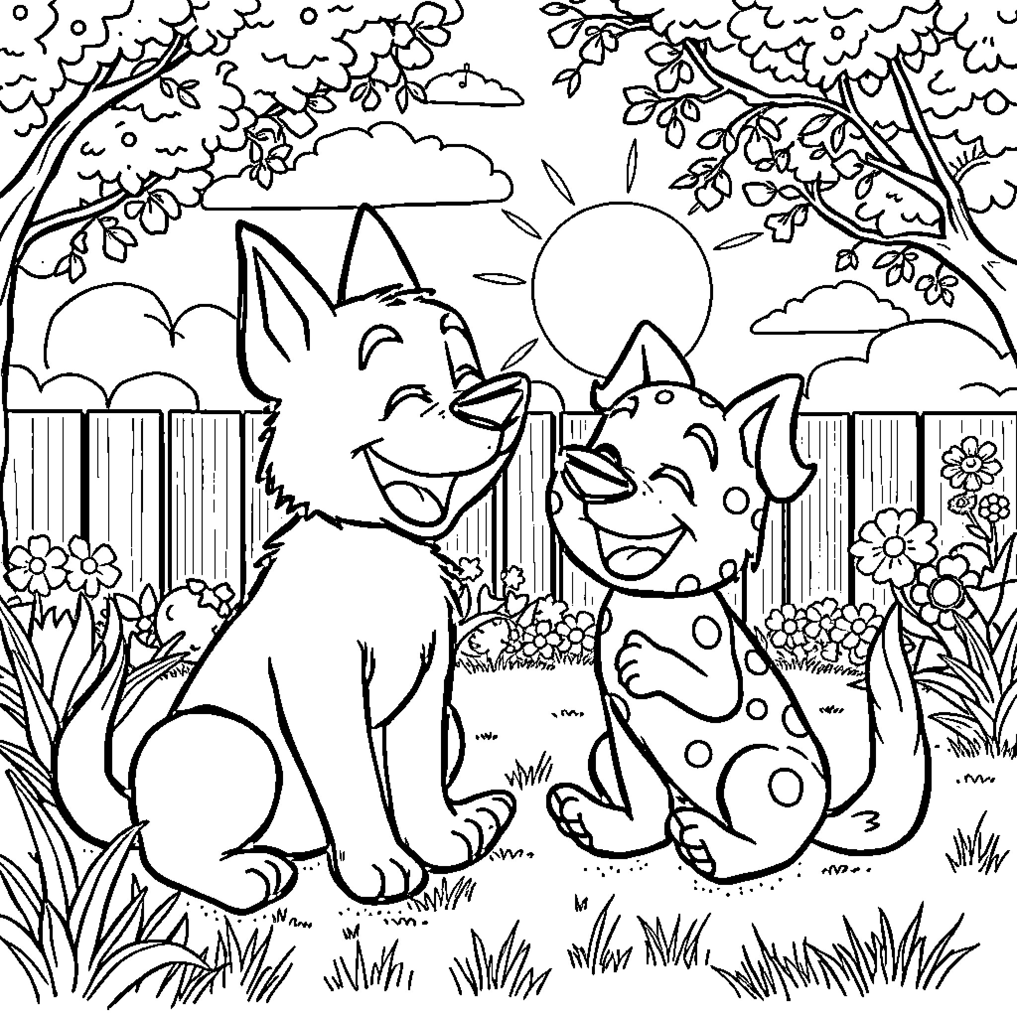 Bluey's Playful Pals in the Garden Coloring Page (free black-and-white line drawing printable PDF for all, from beginners to advanced learners, including children, teens, adults, and seniors)