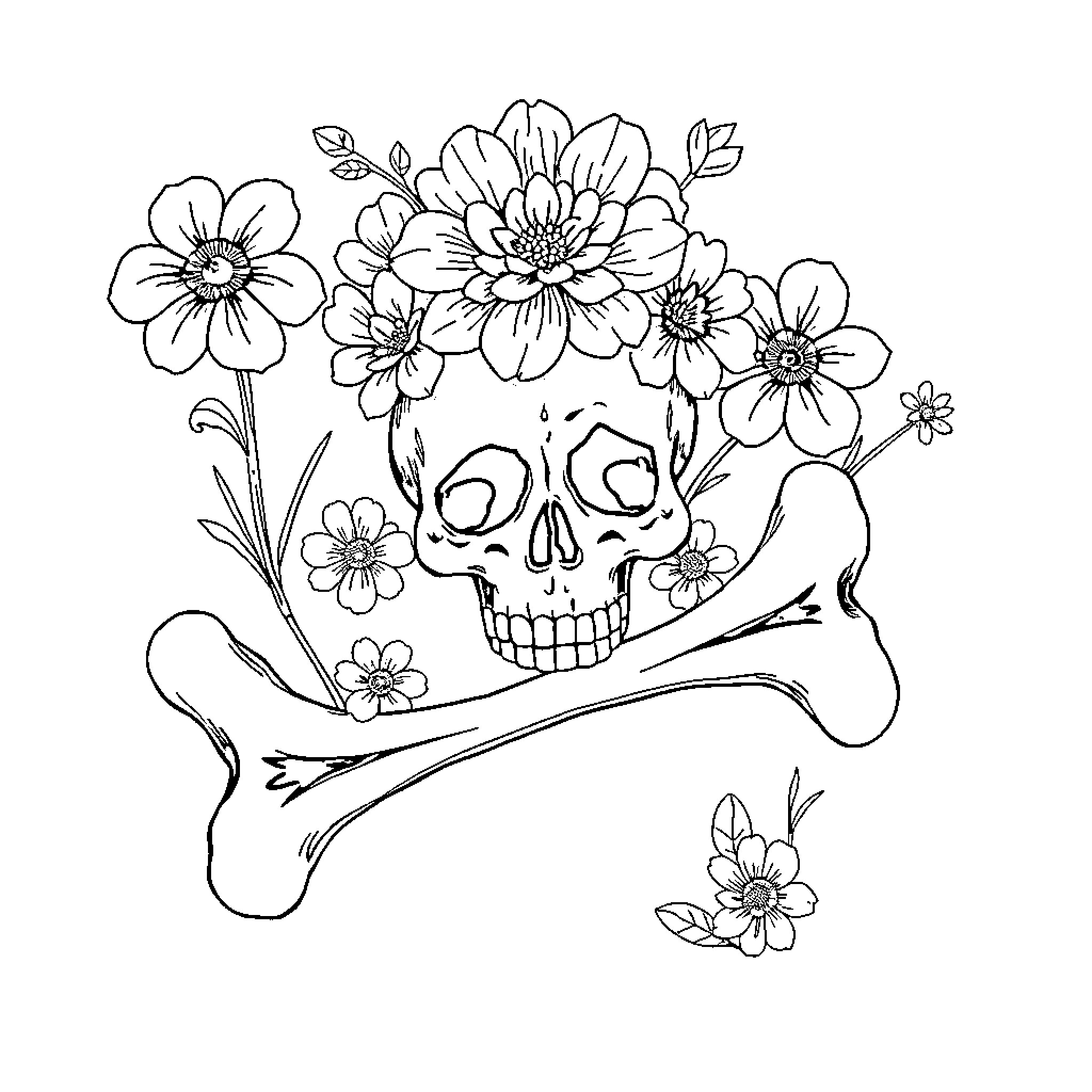 Bone Floral Skull with Flowers Coloring Page (free black-and-white line drawing printable PDF for all, from beginners to advanced learners, including children, teens, adults, and seniors)