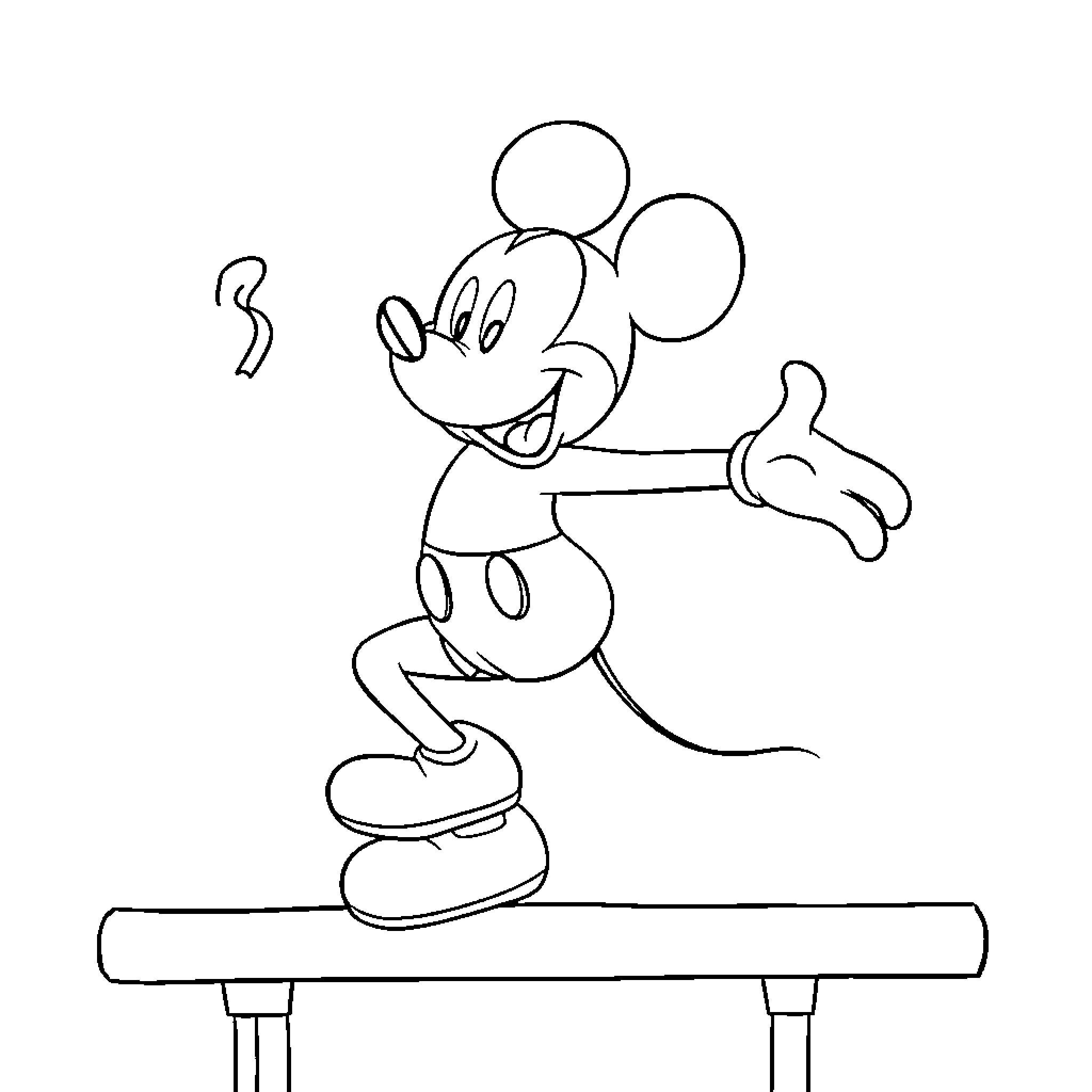 Mickey Mouse Performing on Balance Beam Coloring Page (free black-and-white line drawing printable PDF for all, from beginners to advanced learners, including children, teens, adults, and seniors)
