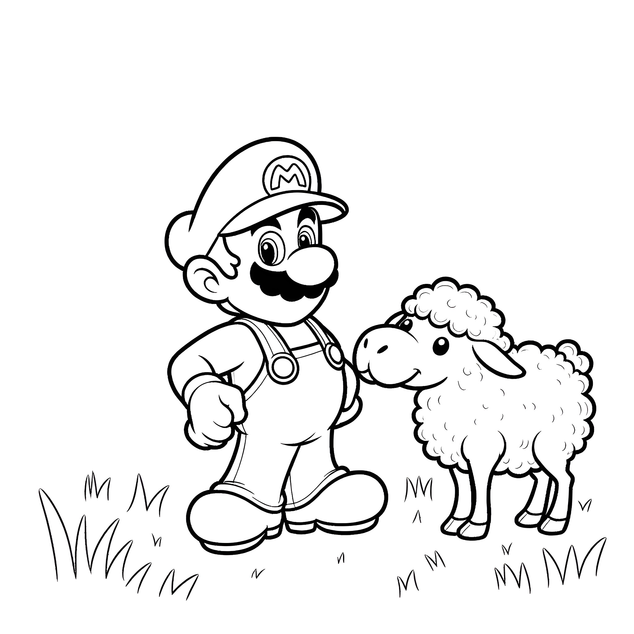 Super Mario and Sheep in Meadow Coloring Page (free black-and-white line drawing printable PDF for all, from beginners to advanced learners, including children, teens, adults, and seniors)