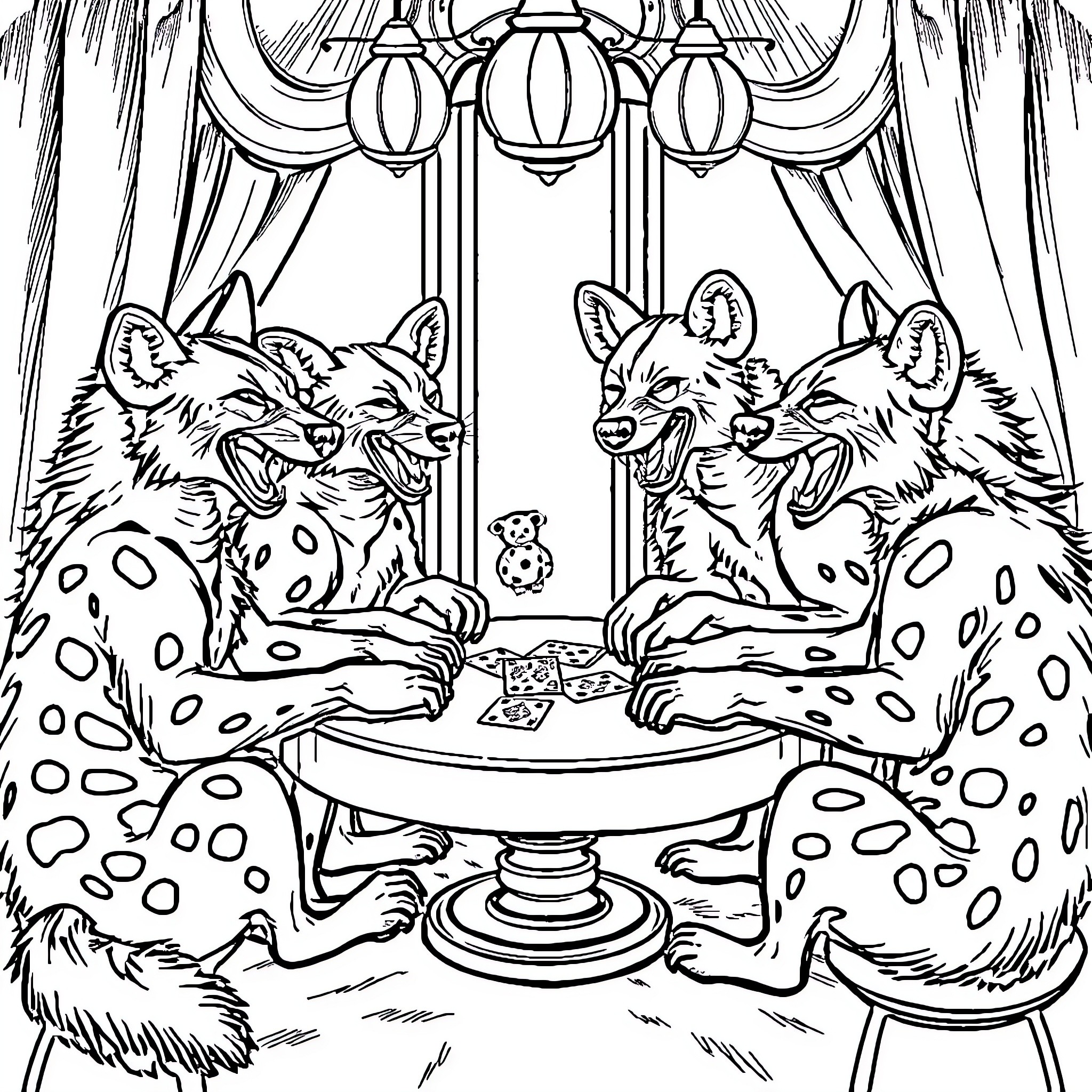 Hyena playing card game in fancy interior Coloring Page (free black-and-white line drawing printable PDF for all, from beginners to advanced learners, including children, teens, adults, and seniors)