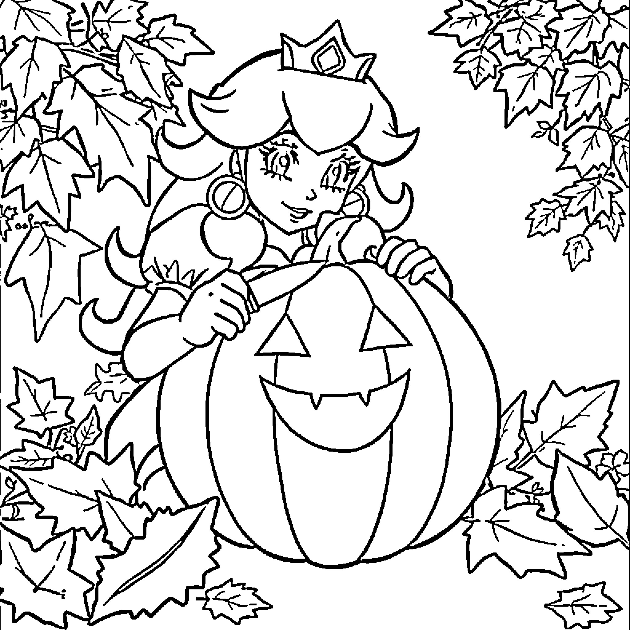 Princess Peach in a pumpkin carving scene Coloring Page (free black-and-white line drawing printable PDF for all, from beginners to advanced learners, including children, teens, adults, and seniors)