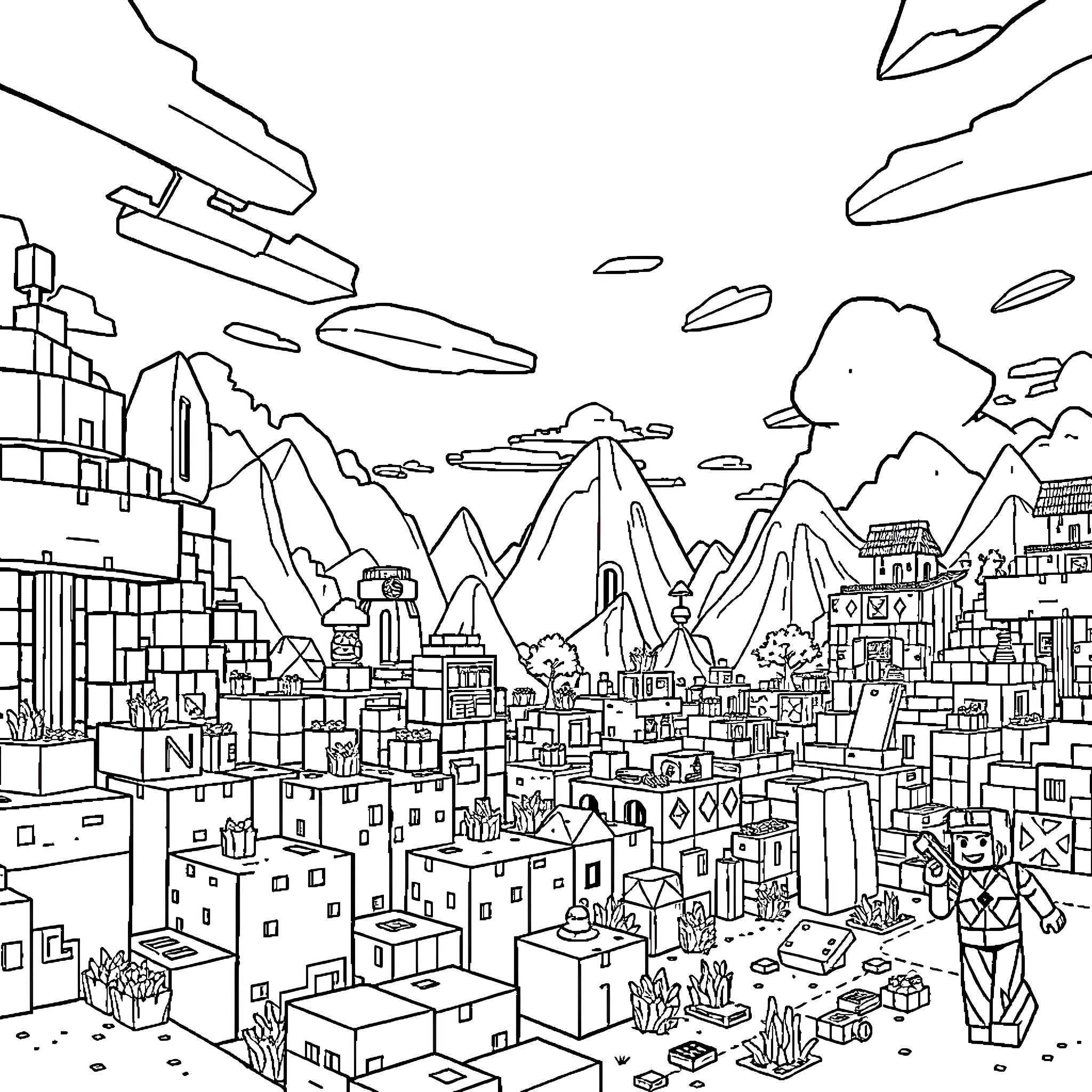 Minecraft cityscape with towering mountains and floating objects Coloring Page (free black-and-white line drawing printable PDF for all, from beginners to advanced learners, including children, teens, adults, and seniors)