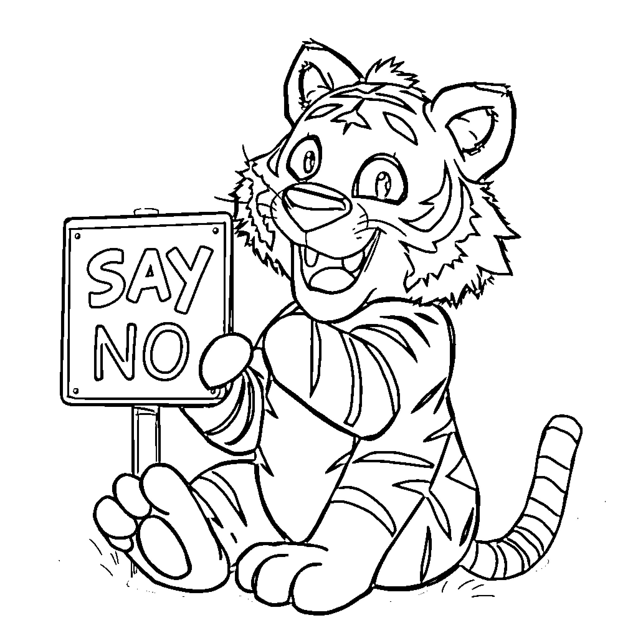 Tiger Holding 'Say No' Sign with Playful Expression Coloring Page (free black-and-white line drawing printable PDF for all, from beginners to advanced learners, including children, teens, adults, and seniors)