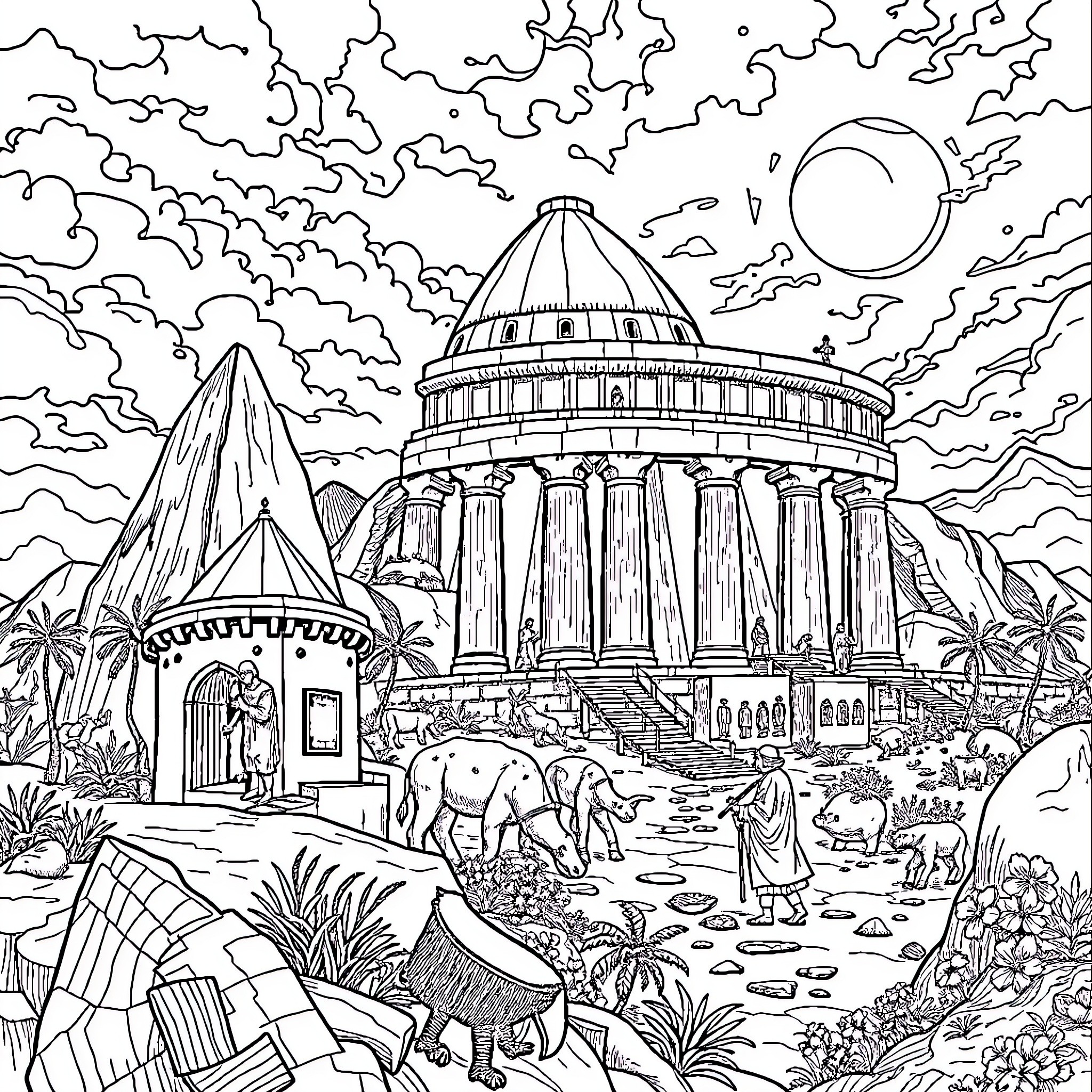 Human figures and structures in a surreal landscape Coloring Page (free black-and-white line drawing printable PDF for all, from beginners to advanced learners, including children, teens, adults, and seniors)