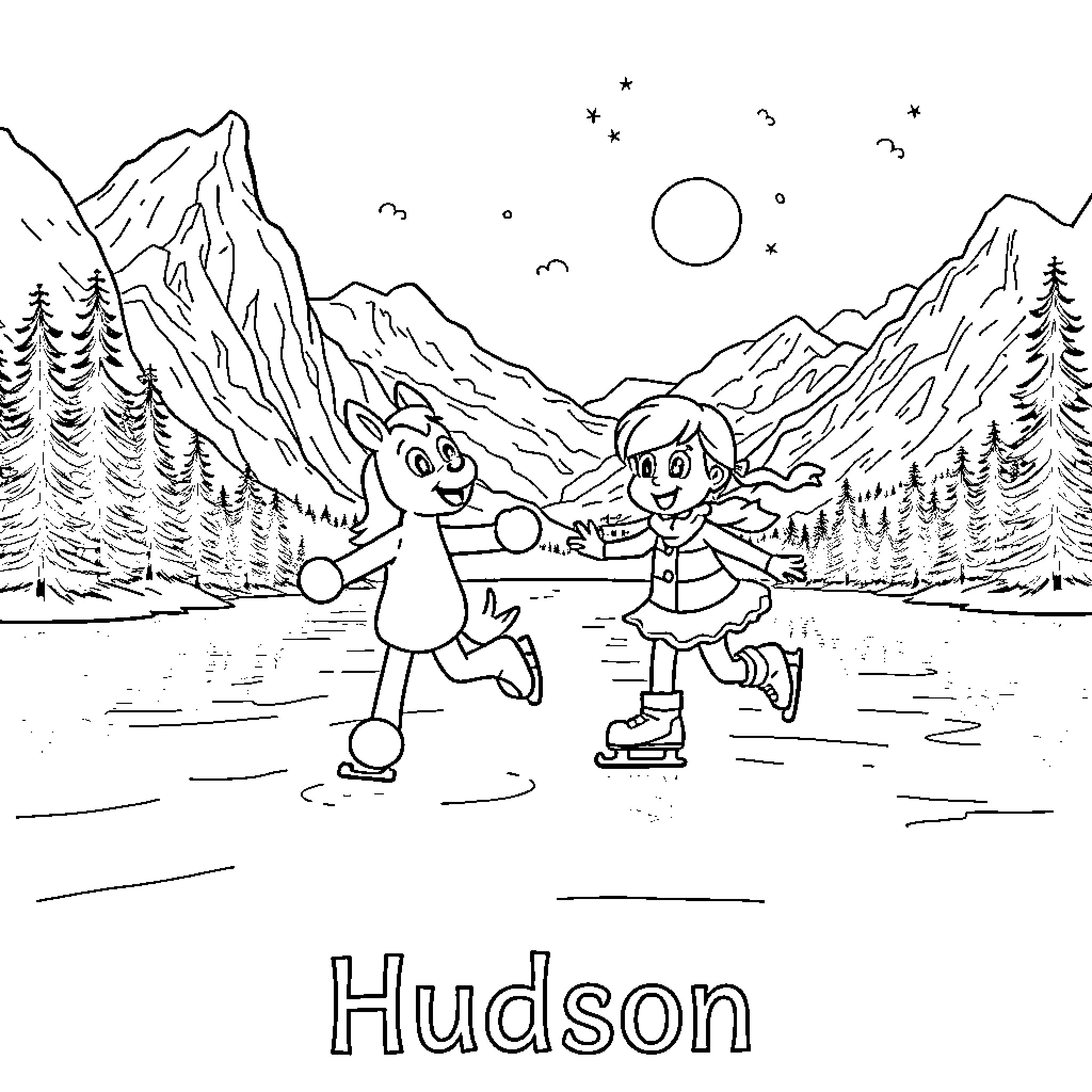 Bluey and friend ice skating in the mountains Coloring Page (free black-and-white line drawing printable PDF for all, from beginners to advanced learners, including children, teens, adults, and seniors)