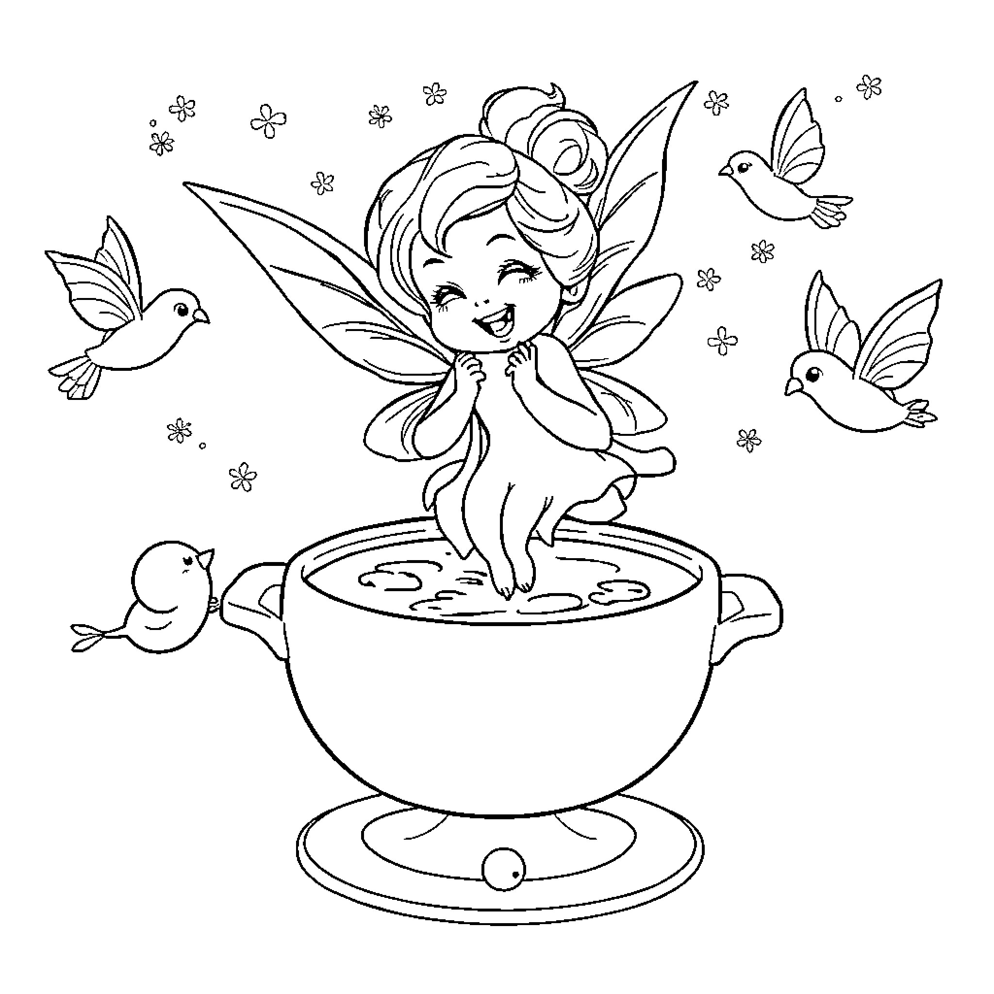 Fee Fairy Playing with Birds in Enchanting Cup Coloring Page (free black-and-white line drawing printable PDF for all, from beginners to advanced learners, including children, teens, adults, and seniors)