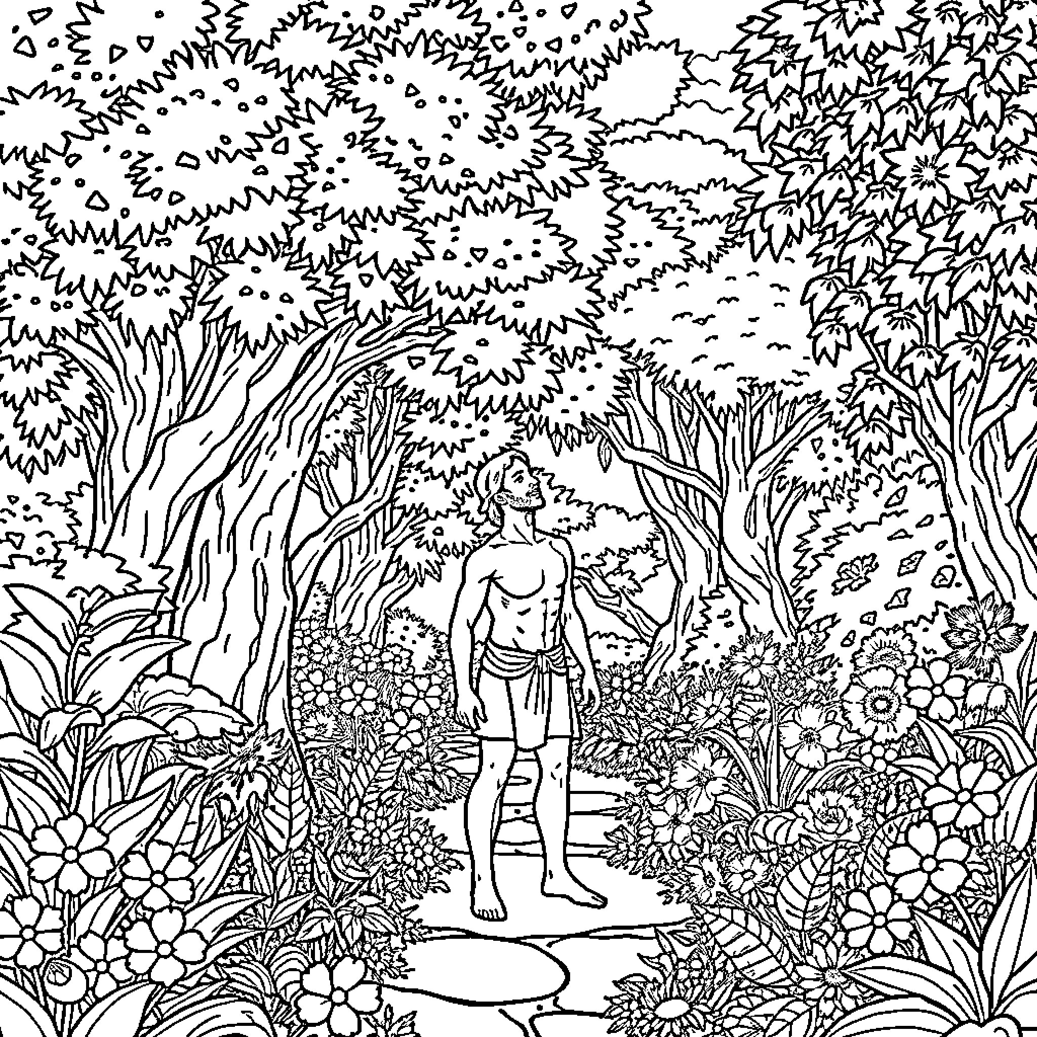 Adam exploring the lush, magical forest Coloring Page (free black-and-white line drawing printable PDF for all, from beginners to advanced learners, including children, teens, adults, and seniors)