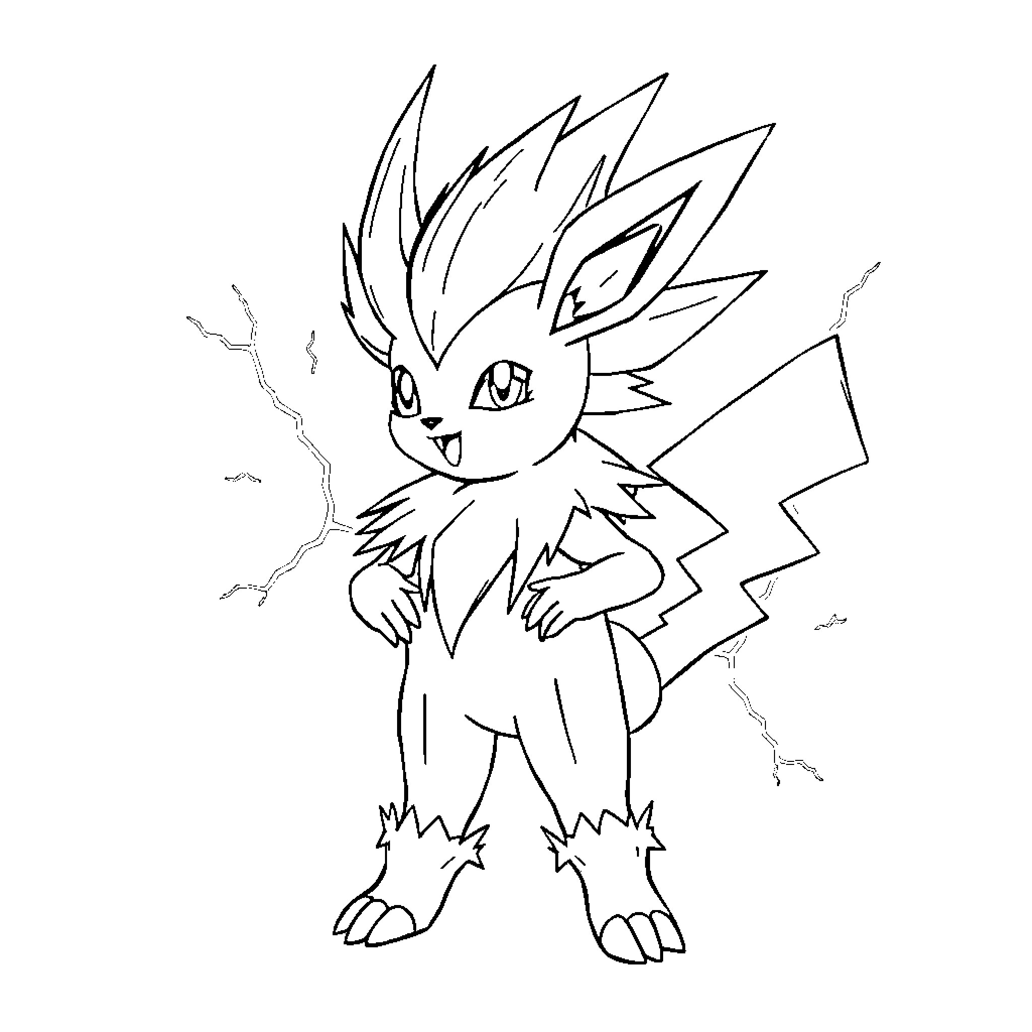 Jolteon charging with electricity Coloring Page (free black-and-white line drawing printable PDF for all, from beginners to advanced learners, including children, teens, adults, and seniors)