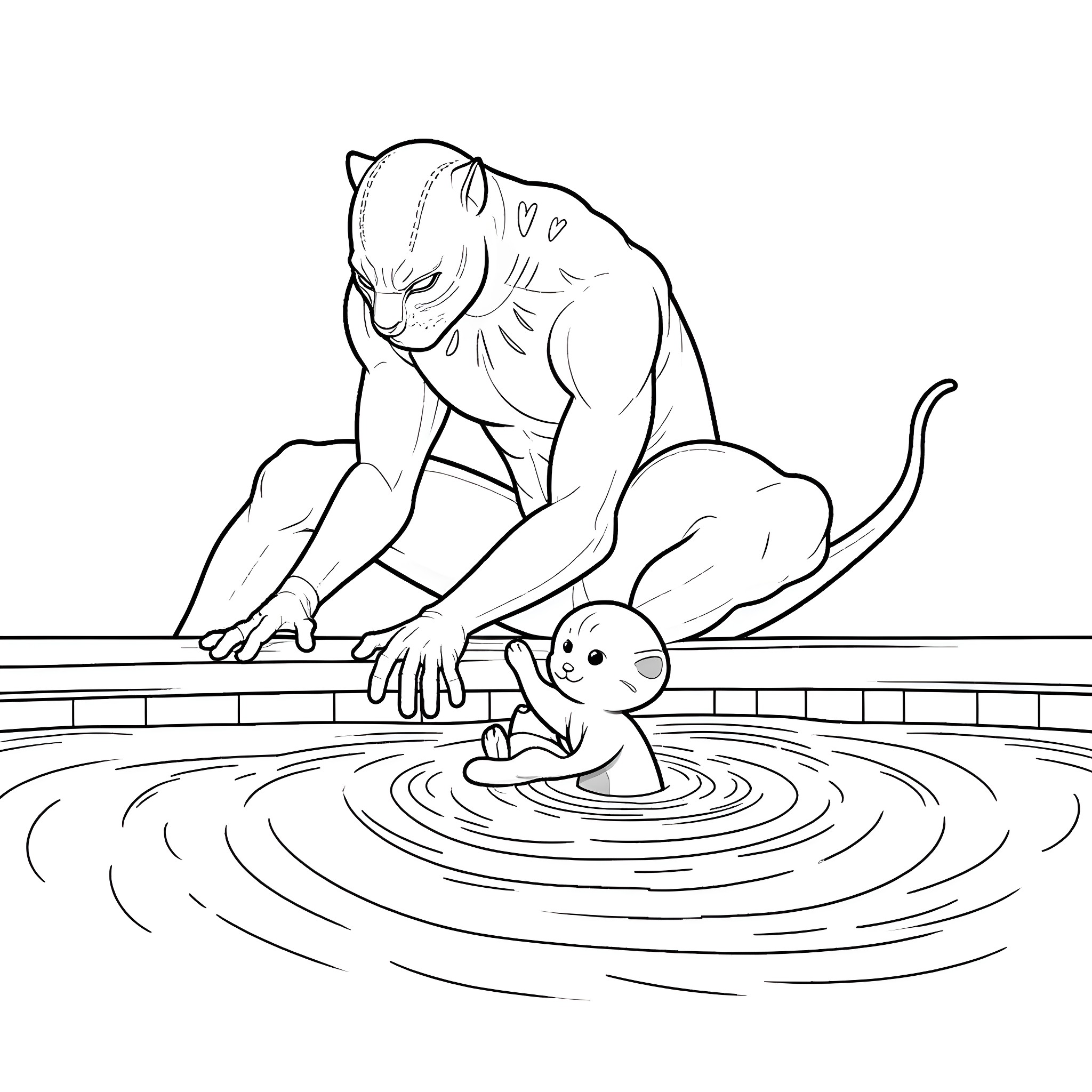 Black Panther Guarding a Cute Creature in the Pool Coloring Page (free black-and-white line drawing printable PDF for all, from beginners to advanced learners, including children, teens, adults, and seniors)