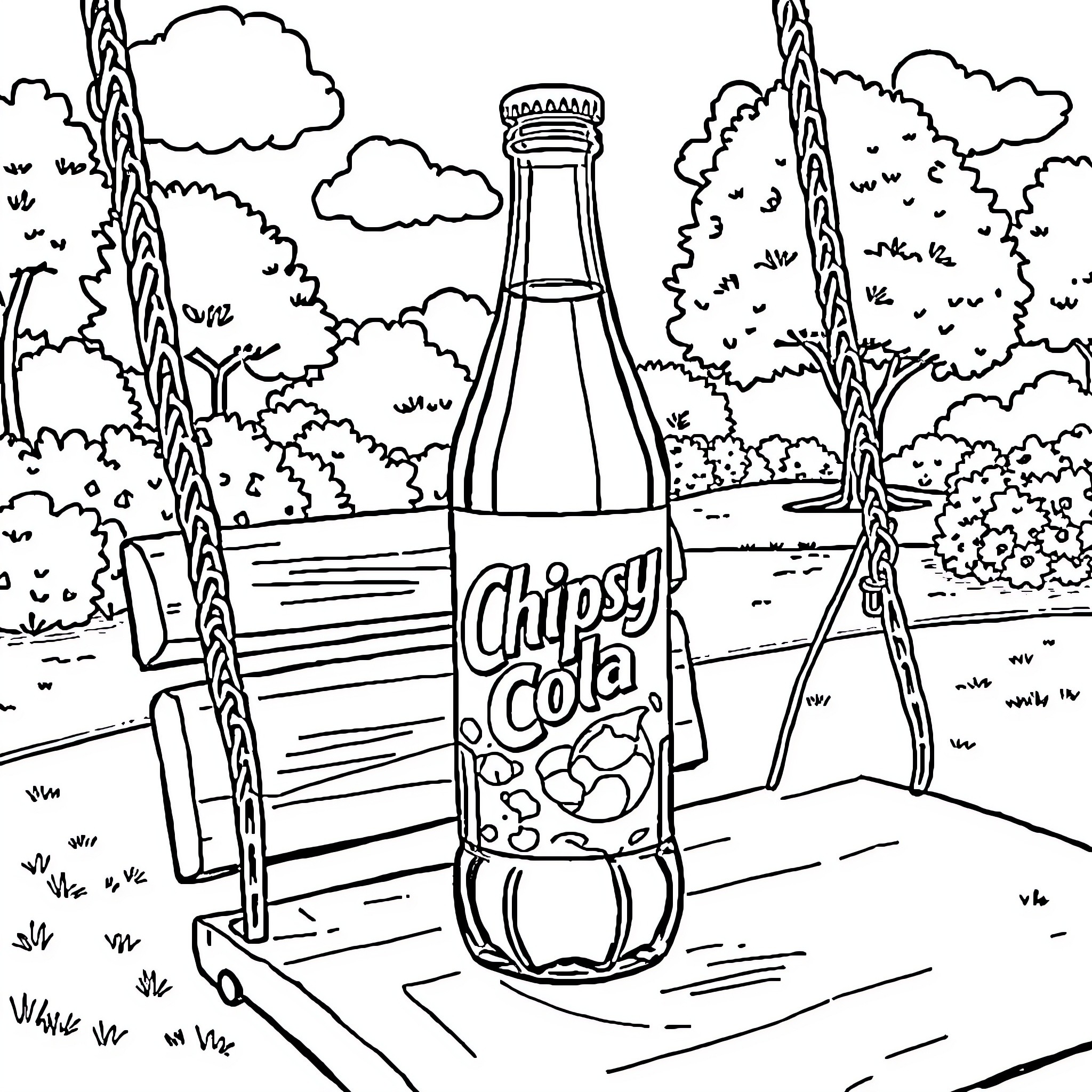 Cola bottle in a tranquil outdoor setting Coloring Page (free black-and-white line drawing printable PDF for all, from beginners to advanced learners, including children, teens, adults, and seniors)