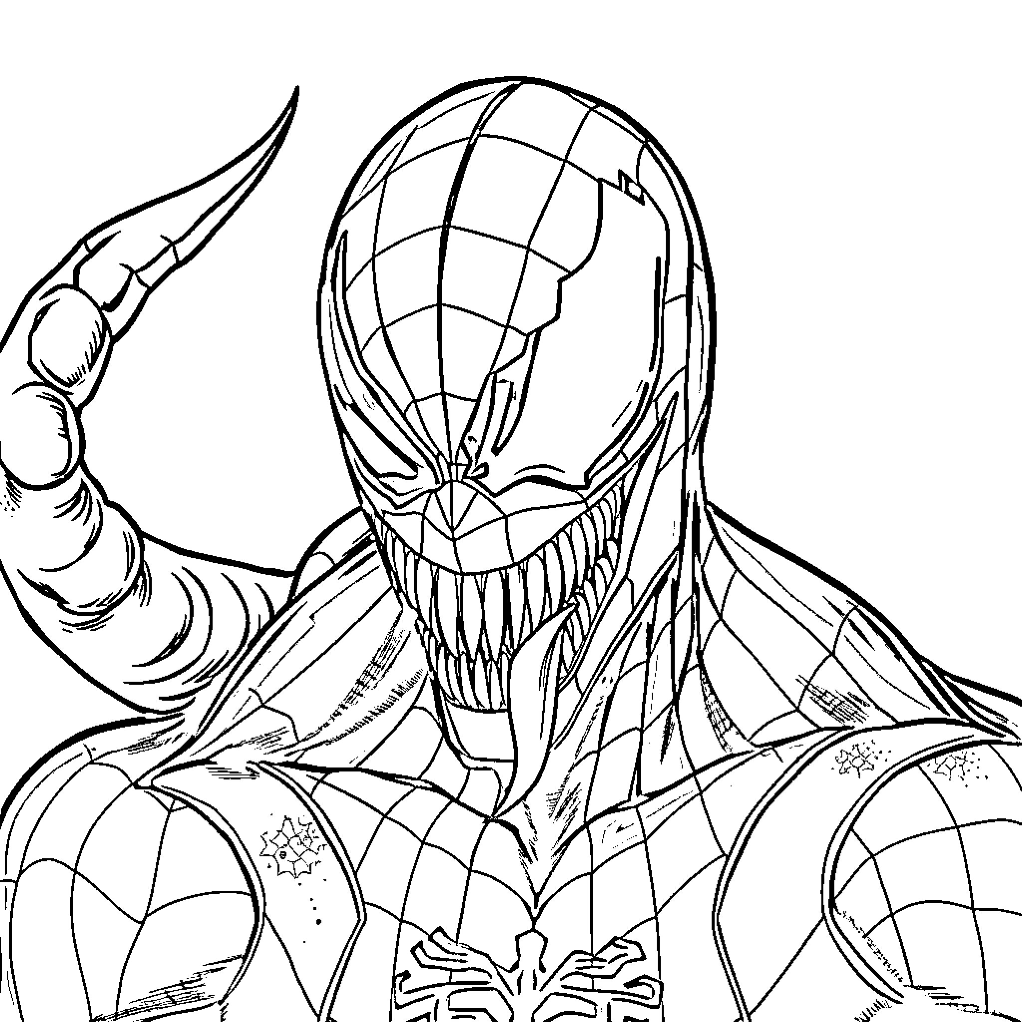 Spiderman battling with fierce expression Coloring Page (free black-and-white line drawing printable PDF for all, from beginners to advanced learners, including children, teens, adults, and seniors)