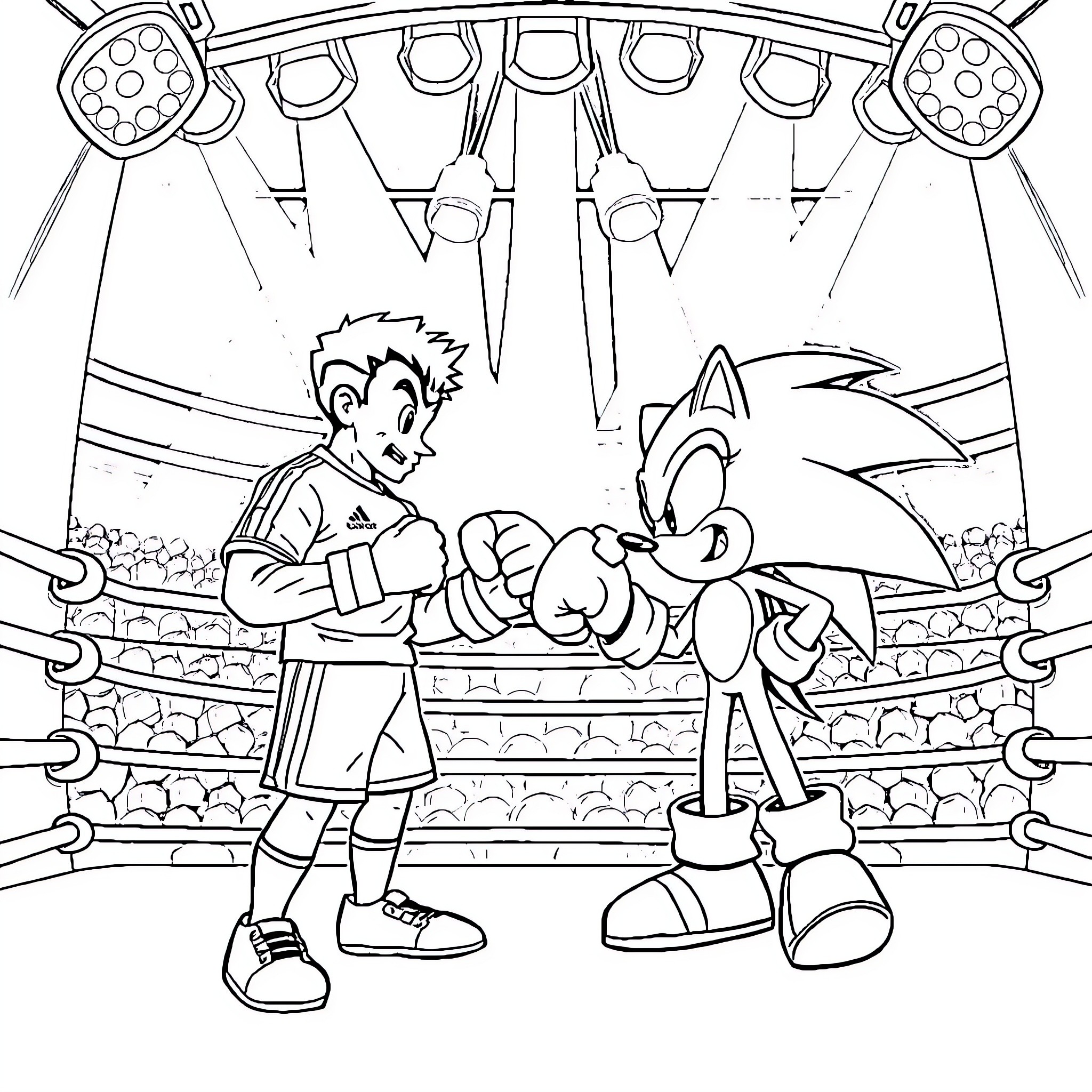 Ronaldo and Sonic Fight in the Stadium Coloring Page (free black-and-white line drawing printable PDF for all, from beginners to advanced learners, including children, teens, adults, and seniors)