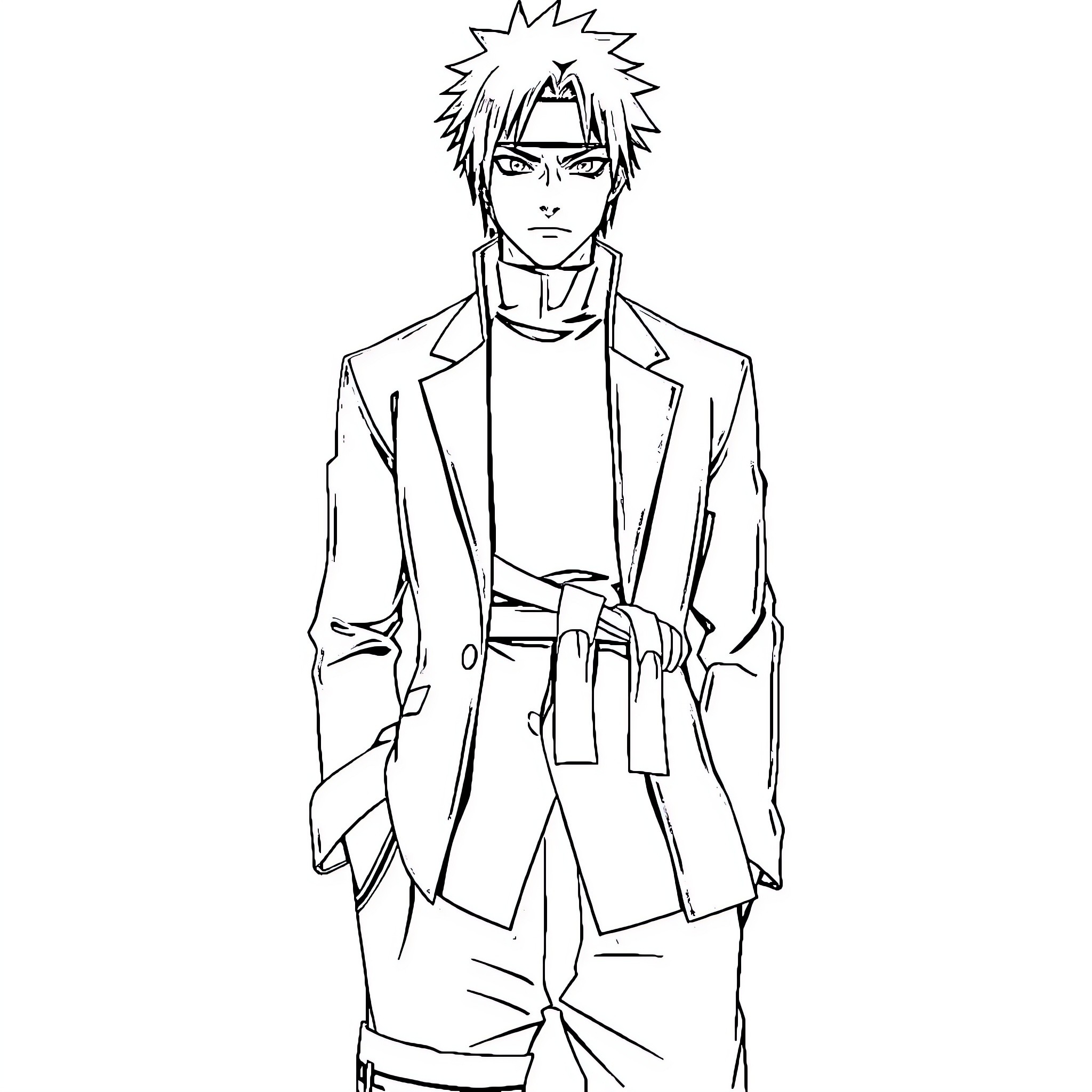 Obito in formal attire with a serious expression Coloring Page (free black-and-white line drawing printable PDF for all, from beginners to advanced learners, including children, teens, adults, and seniors)