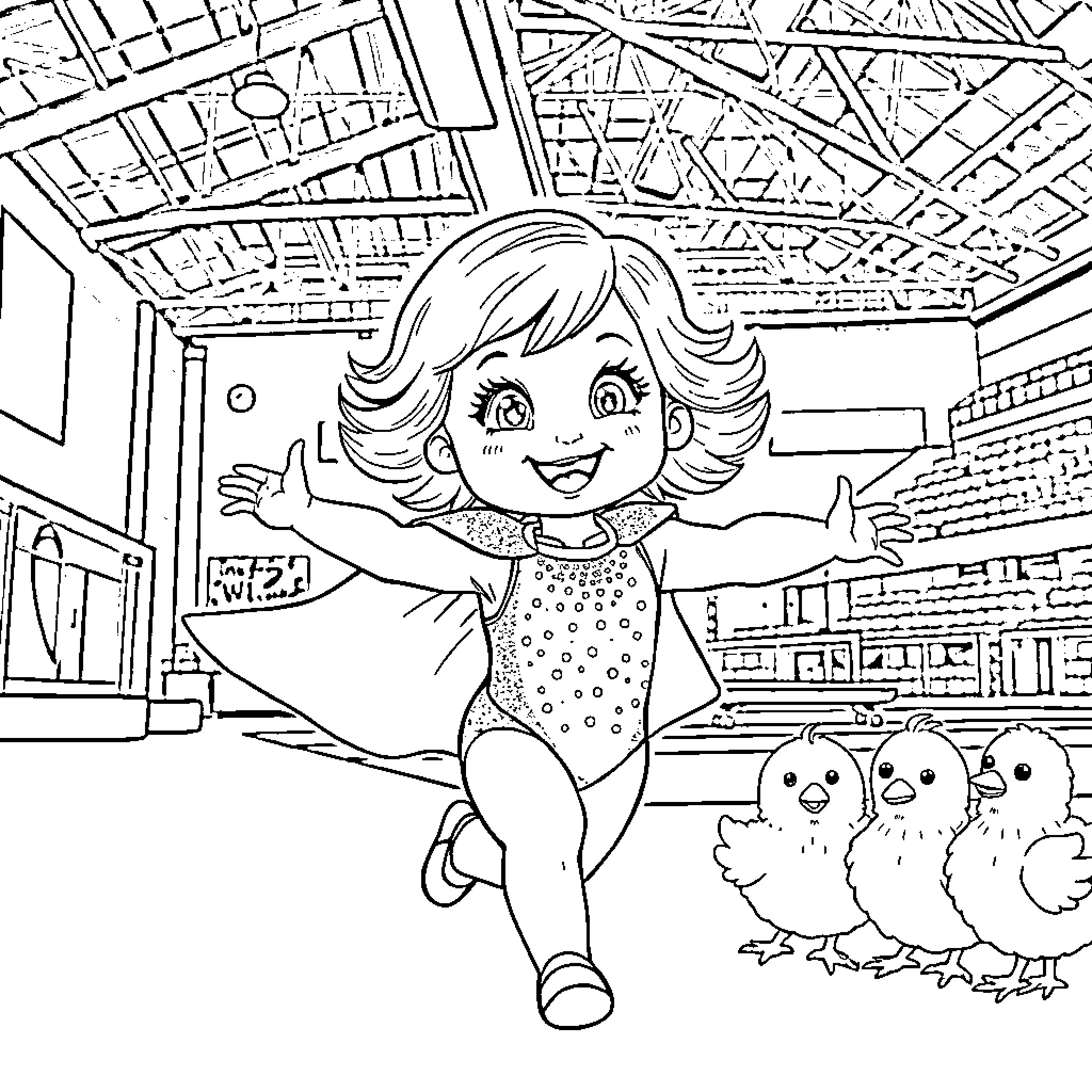 Toddler girl playing happily with baby chicks Coloring Page (free black-and-white line drawing printable PDF for all, from beginners to advanced learners, including children, teens, adults, and seniors)
