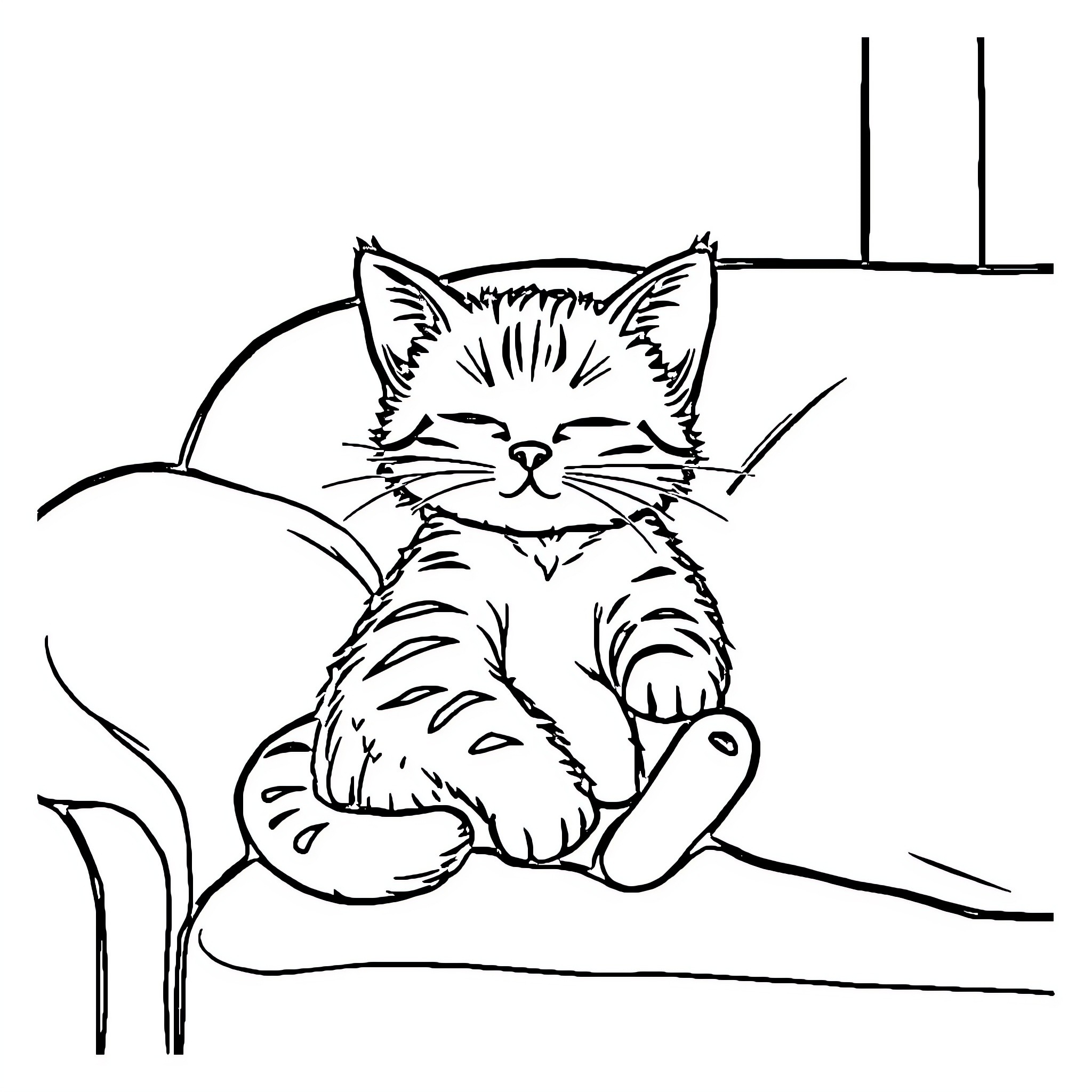 Cat napping peacefully on the couch Coloring Page (free black-and-white line drawing printable PDF for all, from beginners to advanced learners, including children, teens, adults, and seniors)