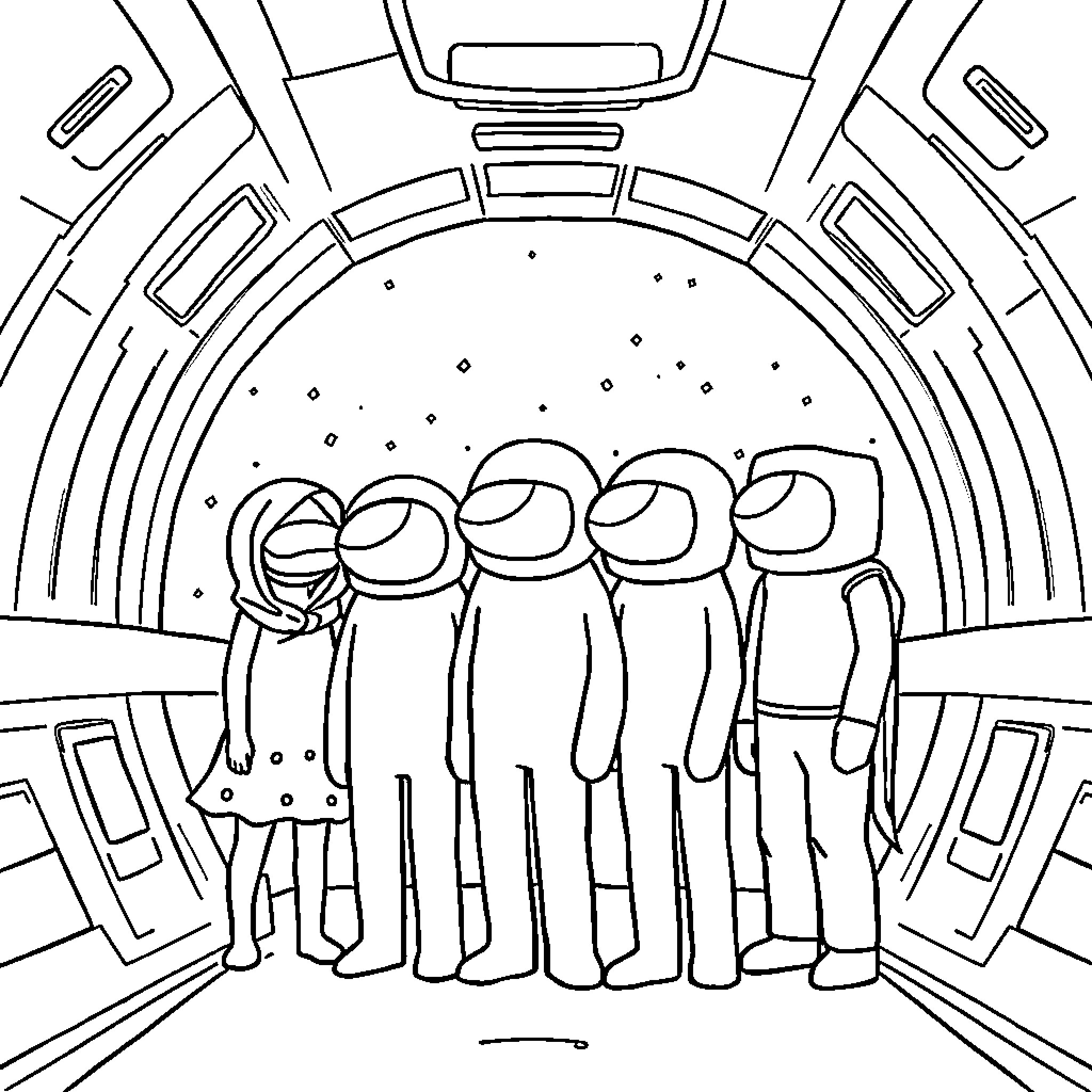 Among Us Astronauts in the Spaceship Coloring Page (free black-and-white line drawing printable PDF for all, from beginners to advanced learners, including children, teens, adults, and seniors)