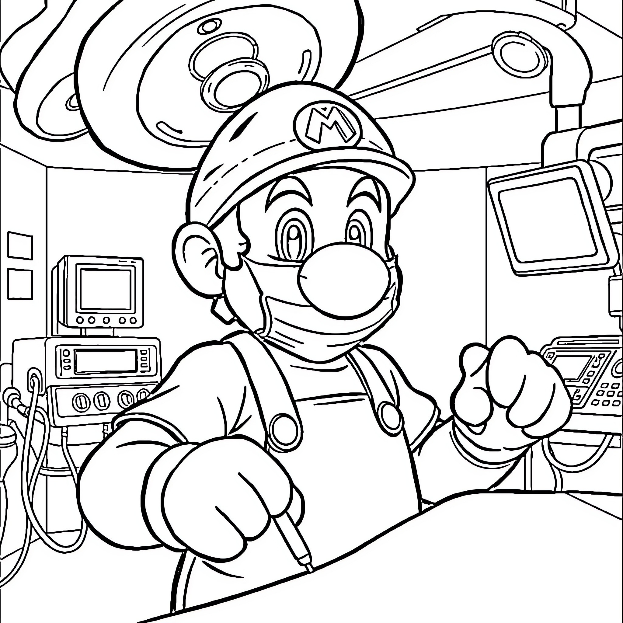 Mario in a Mechanical Workshop Coloring Page (free black-and-white line drawing printable PDF for all, from beginners to advanced learners, including children, teens, adults, and seniors)