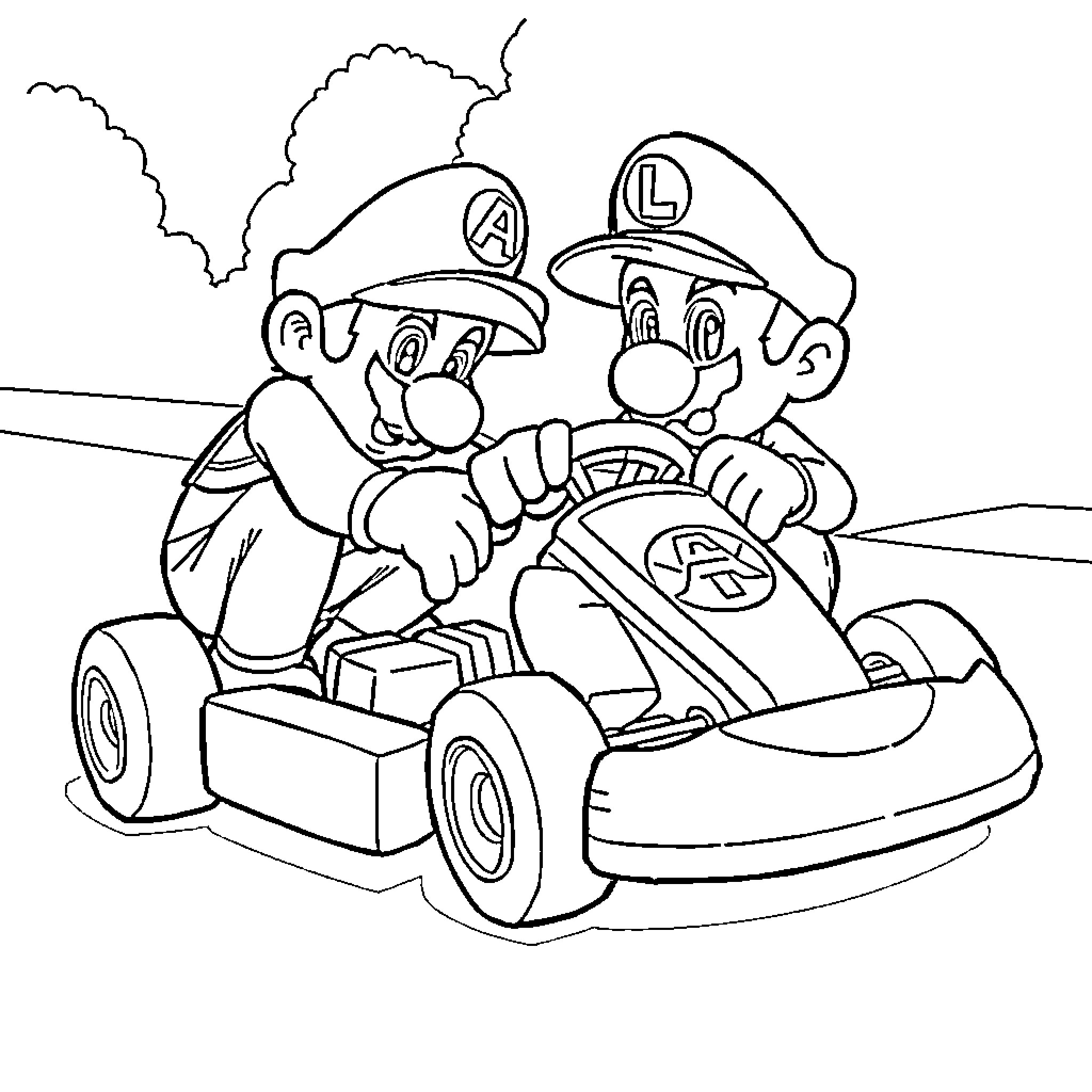 Mario and Luigi racing in karts Coloring Page (free black-and-white line drawing printable PDF for all, from beginners to advanced learners, including children, teens, adults, and seniors)
