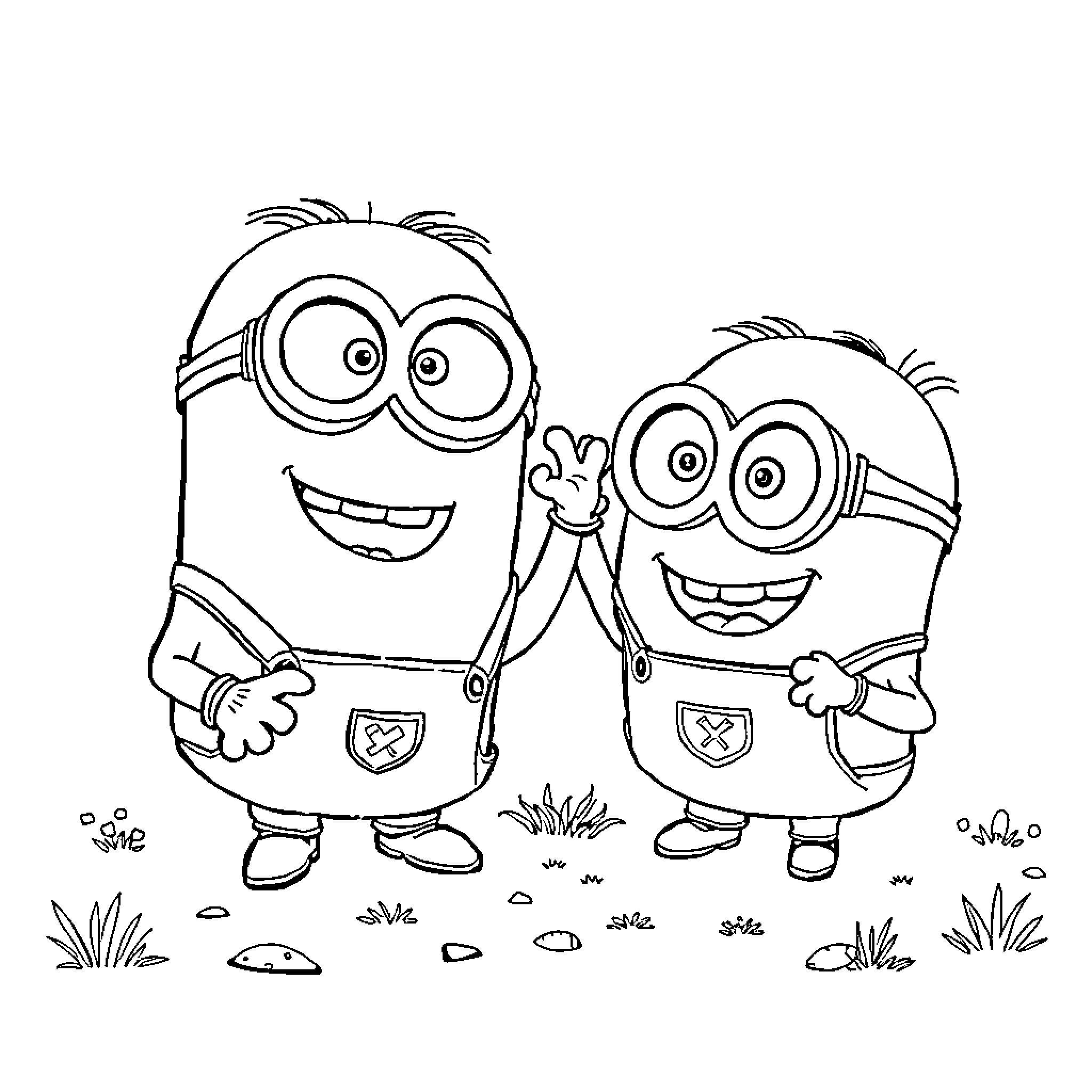 Minions enjoying carefree moments in nature Coloring Page (free black-and-white line drawing printable PDF for all, from beginners to advanced learners, including children, teens, adults, and seniors)