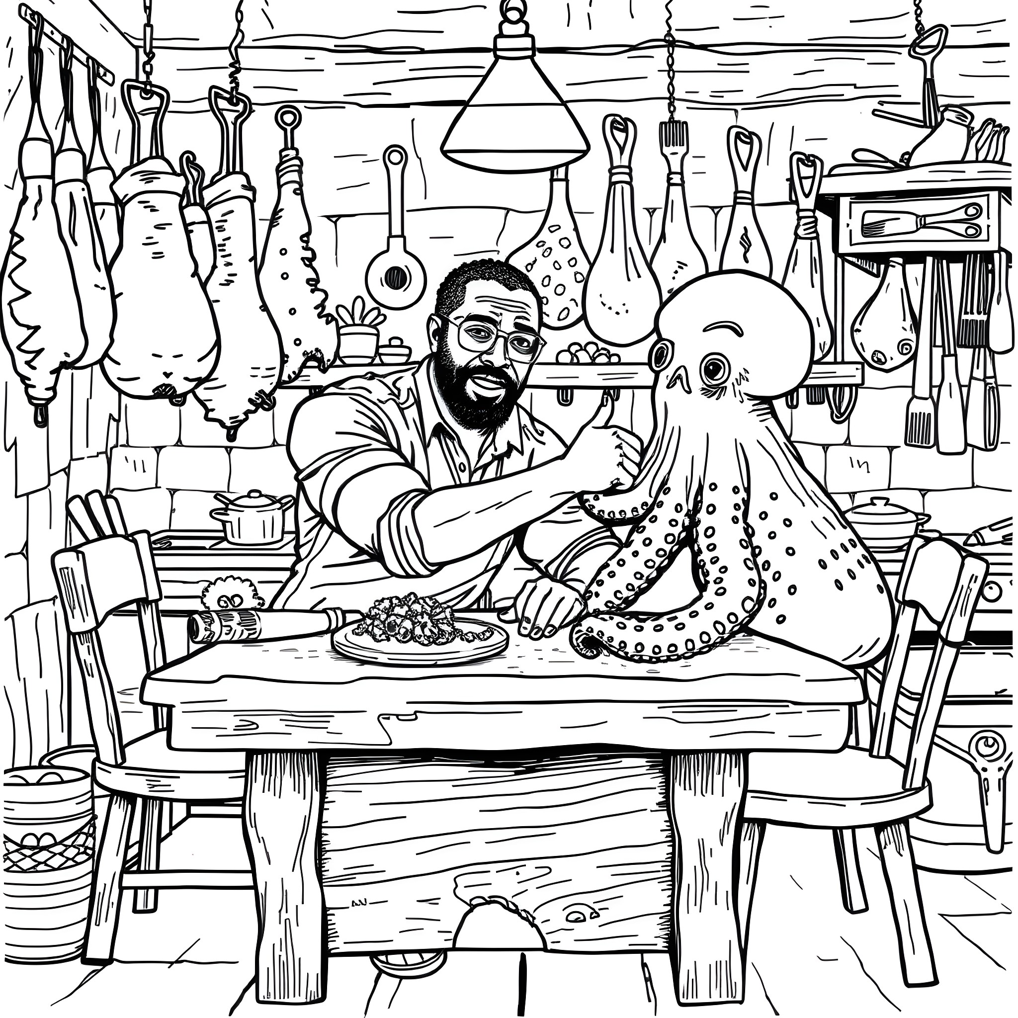 Don Cheadle enjoying a meal with a friendly tentacled creature Coloring Page (free black-and-white line drawing printable PDF for all, from beginners to advanced learners, including children, teens, adults, and seniors)