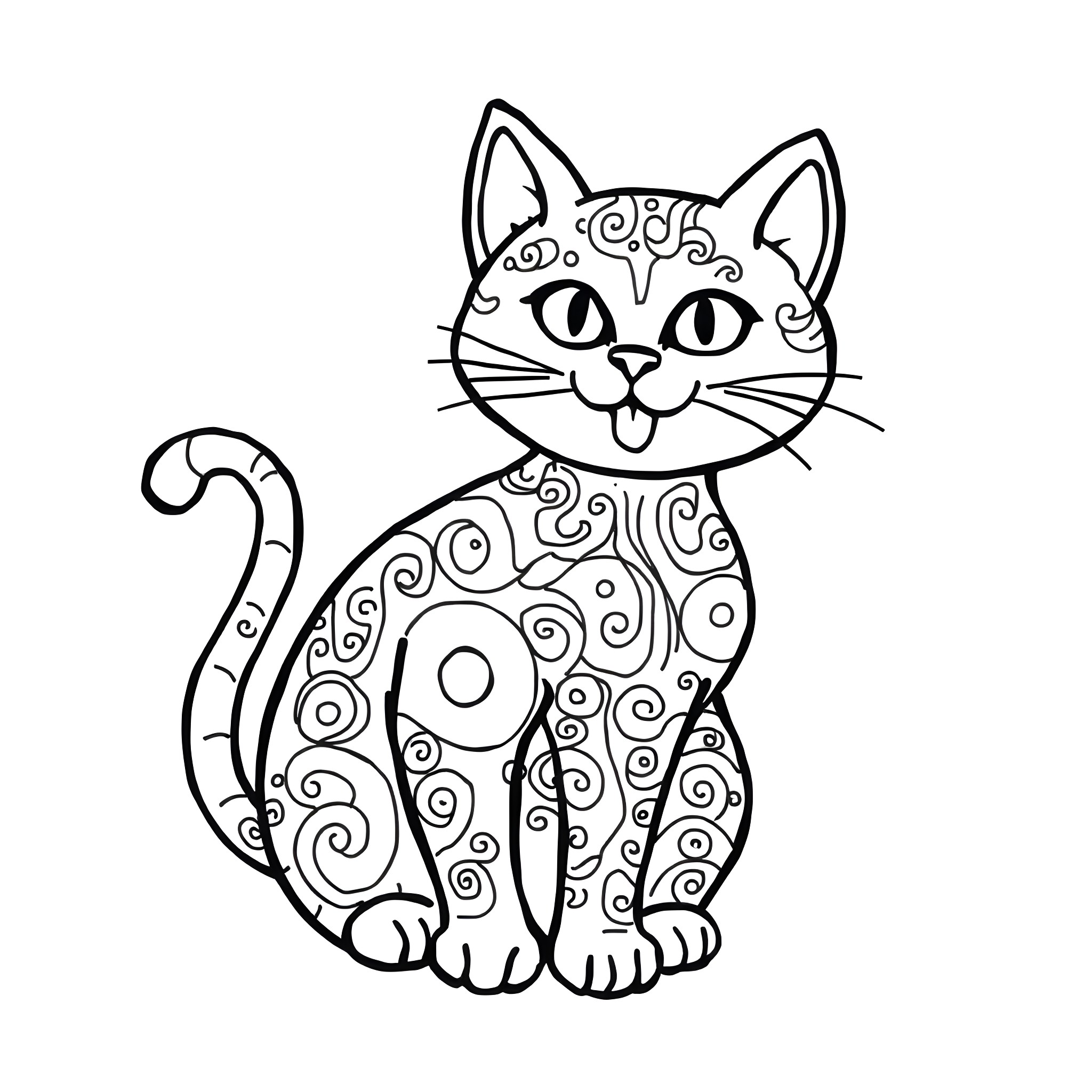 Cat with intricate patterned design Coloring Page (free black-and-white line drawing printable PDF for all, from beginners to advanced learners, including children, teens, adults, and seniors)