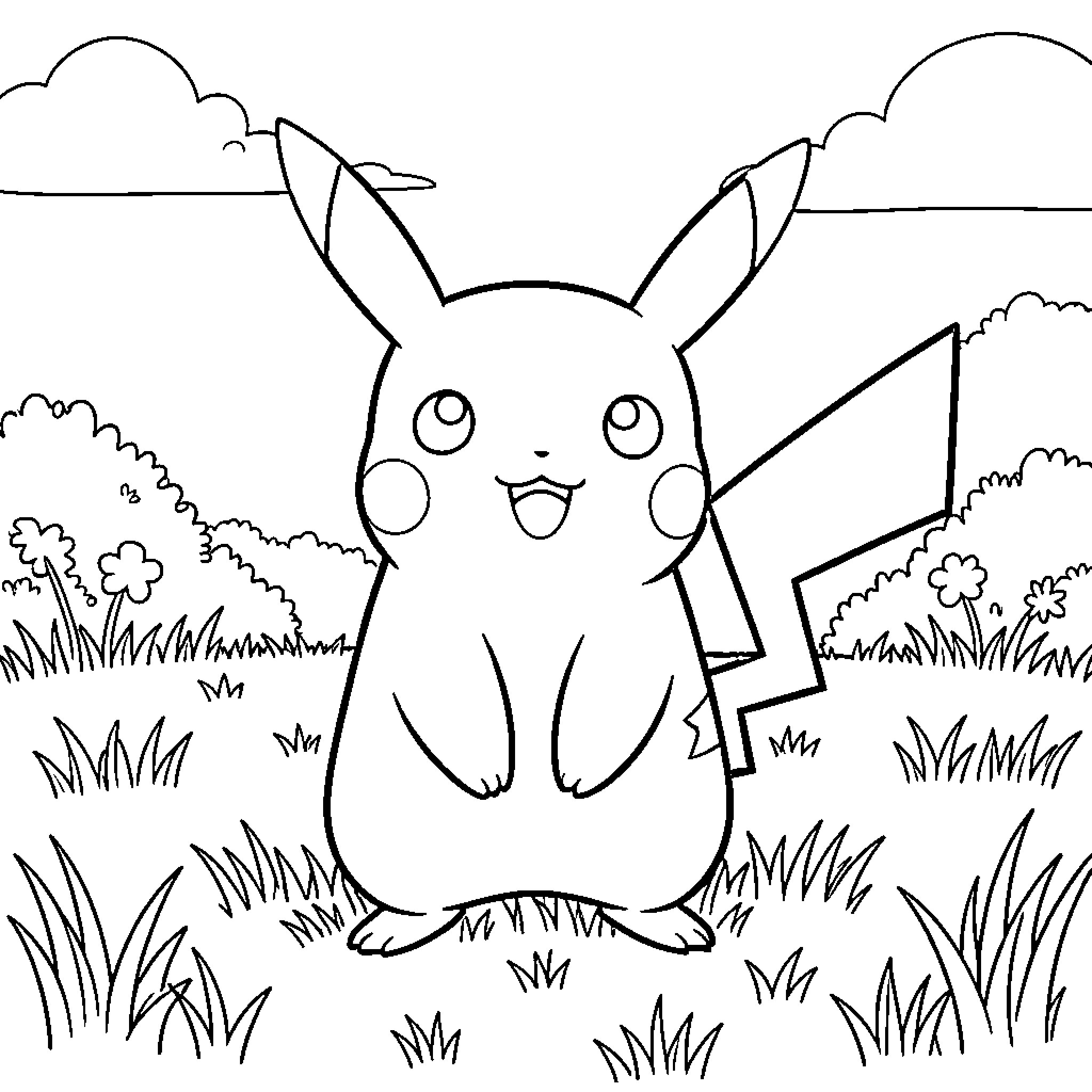 Pikachu cheerfully enjoying the outdoors Coloring Page (free black-and-white line drawing printable PDF for all, from beginners to advanced learners, including children, teens, adults, and seniors)
