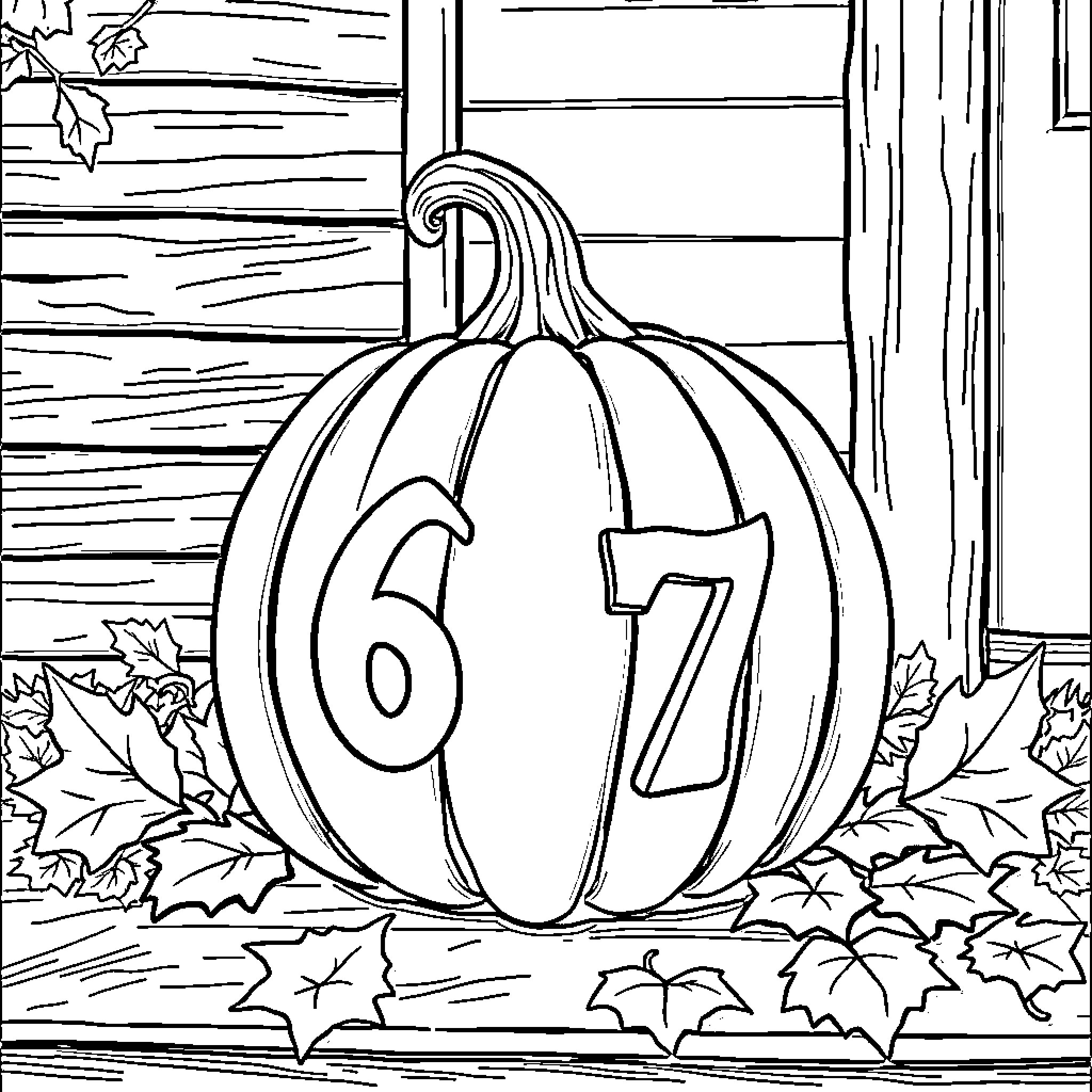 Pumpkin with Numbered Decorations on Wooden Background Coloring Page (free black-and-white line drawing printable PDF for all, from beginners to advanced learners, including children, teens, adults, and seniors)