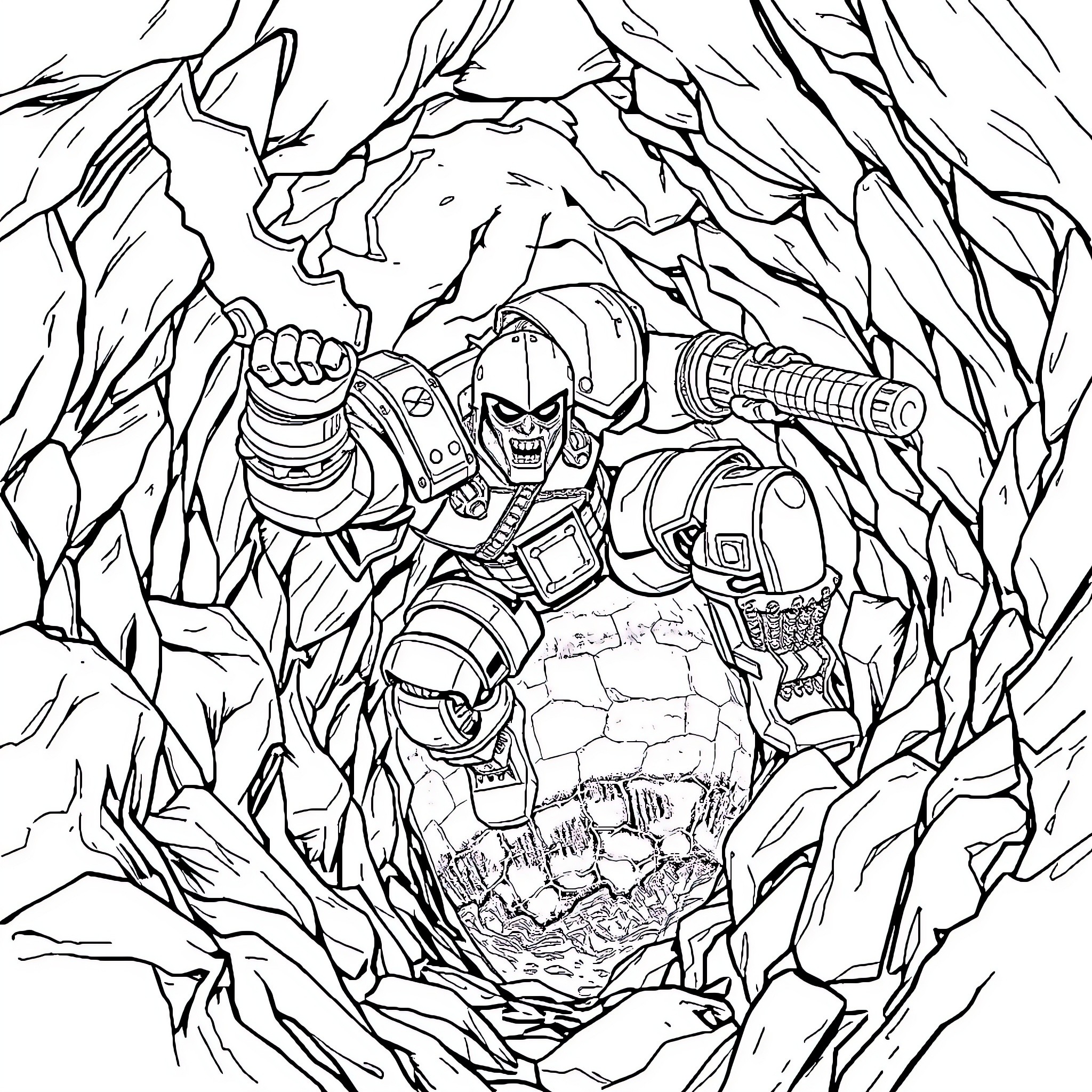 Doomguy Battling Through Chaotic Landscape Coloring Page (free black-and-white line drawing printable PDF for all, from beginners to advanced learners, including children, teens, adults, and seniors)