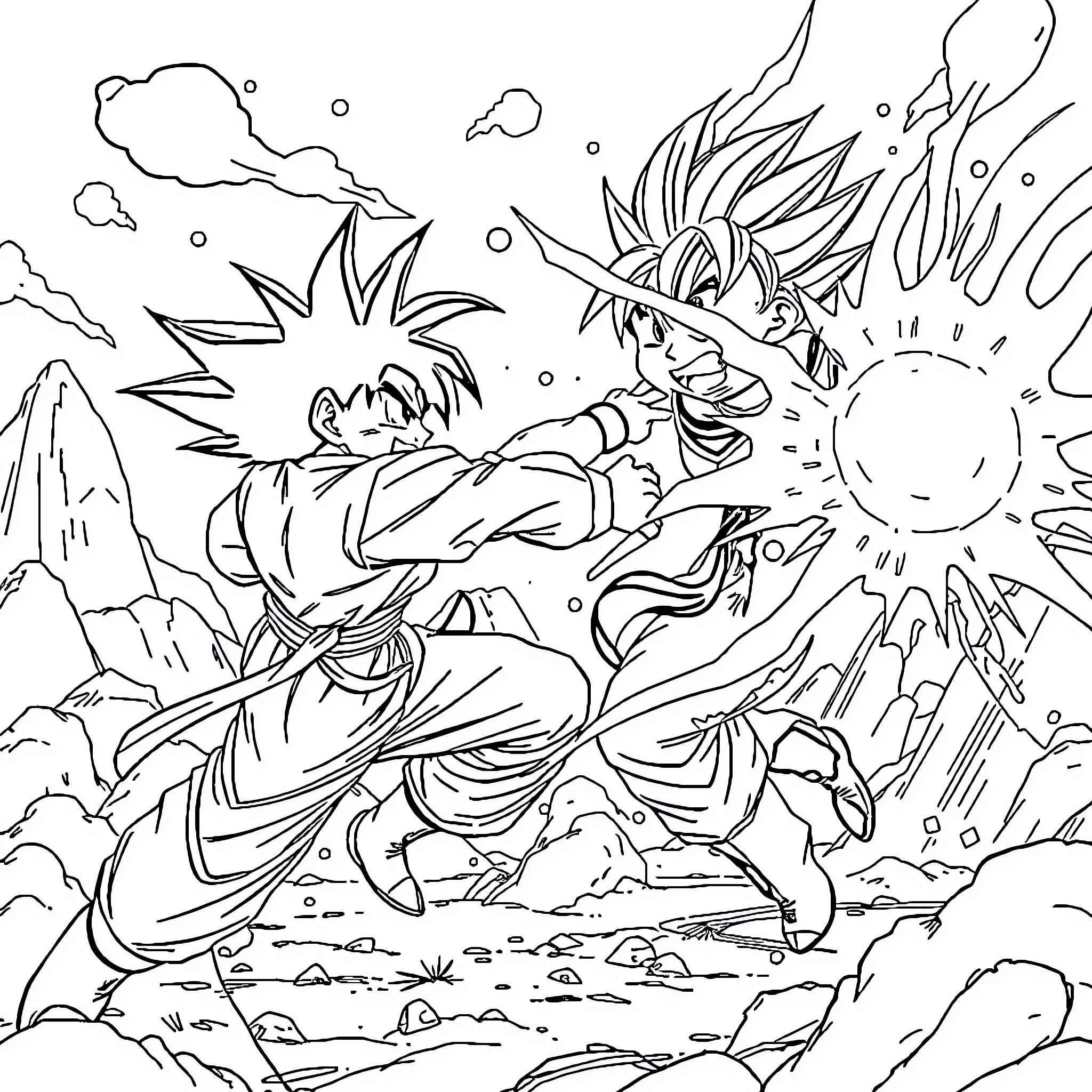 Gojo unleashing powerful energy attack in dramatic landscape Coloring Page (free black-and-white line drawing printable PDF for all, from beginners to advanced learners, including children, teens, adults, and seniors)
