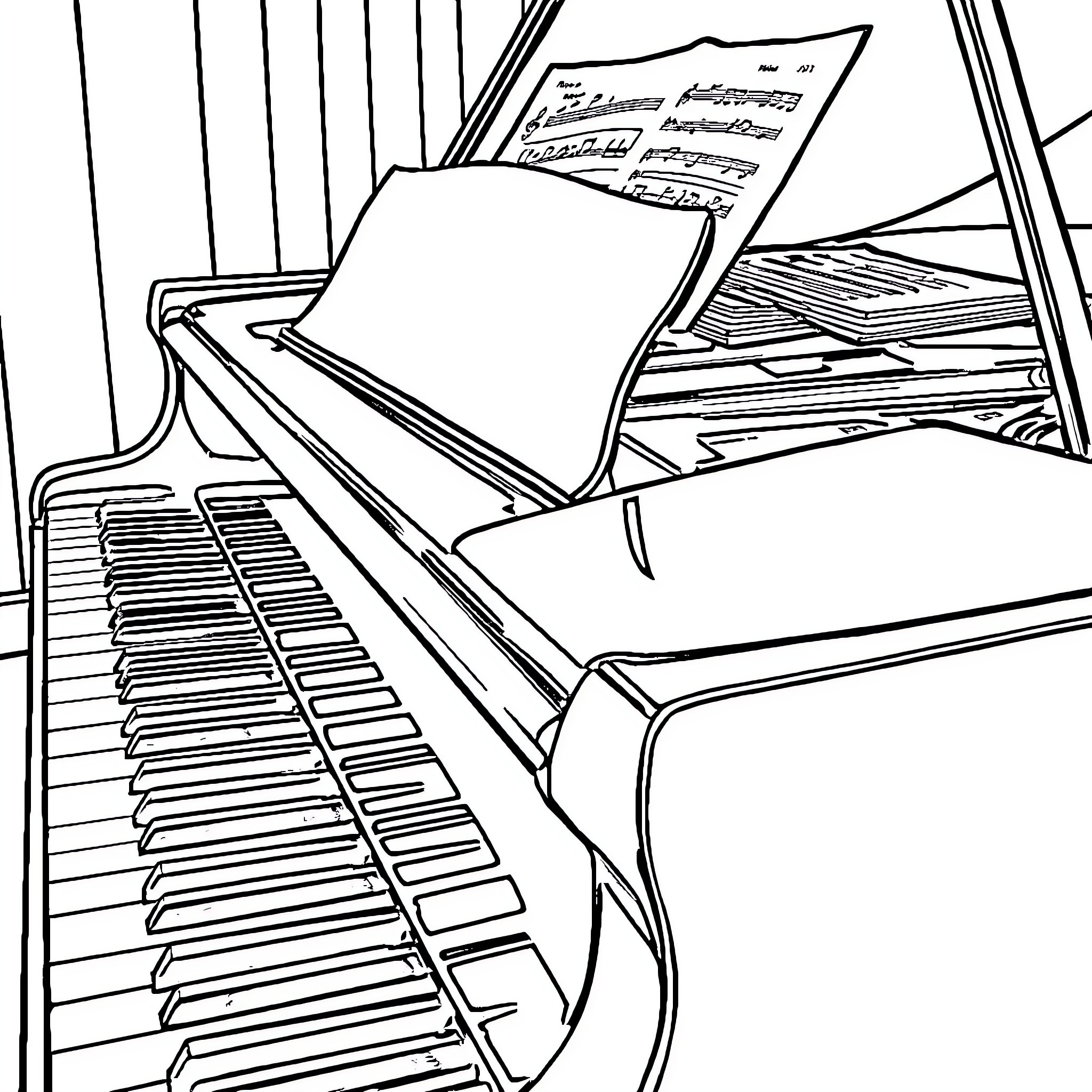 Piano Sheet Music on Stage Coloring Page (free black-and-white line drawing printable PDF for all, from beginners to advanced learners, including children, teens, adults, and seniors)