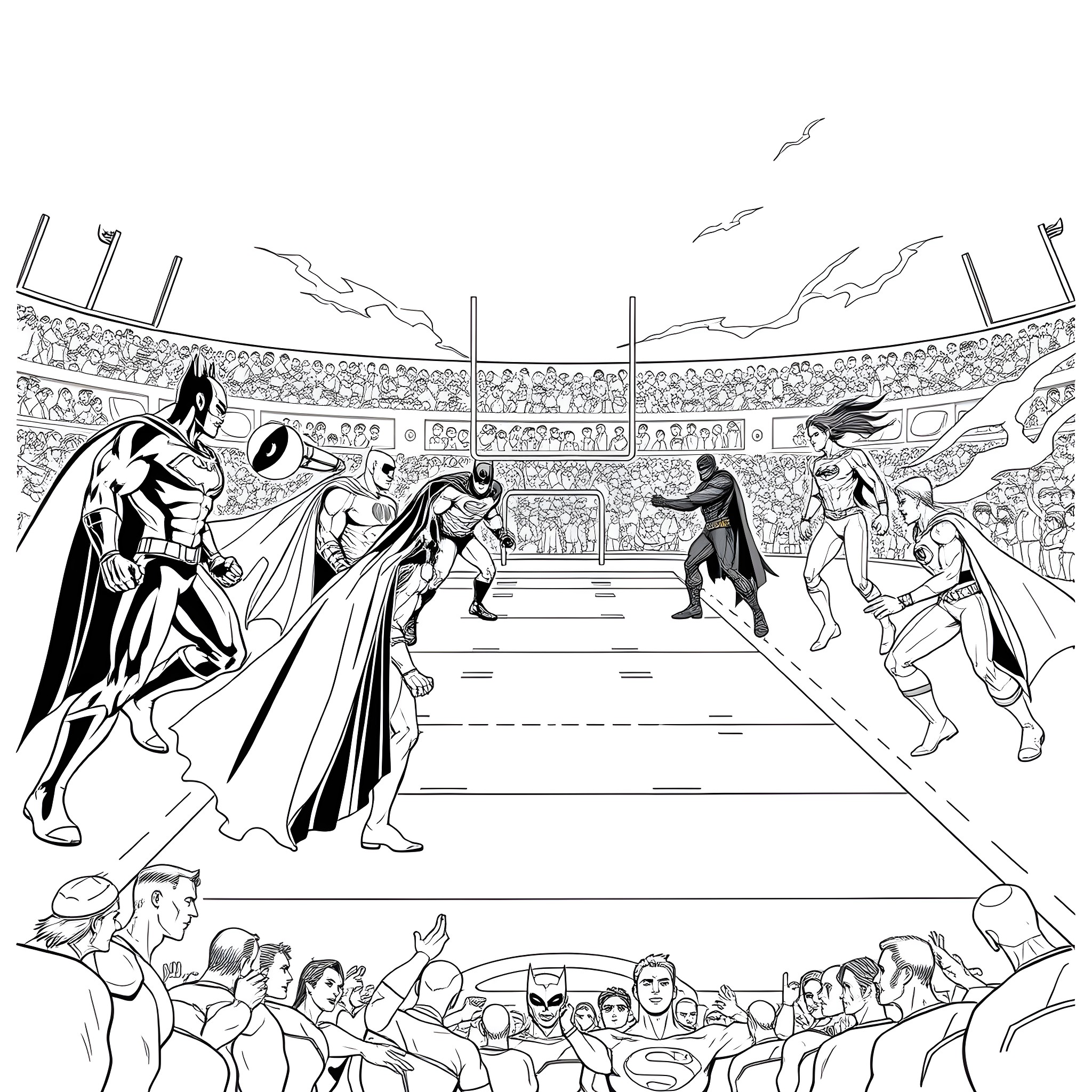 Justice League Heroes in Action at the Stadium Coloring Page (free black-and-white line drawing printable PDF for all, from beginners to advanced learners, including children, teens, adults, and seniors)