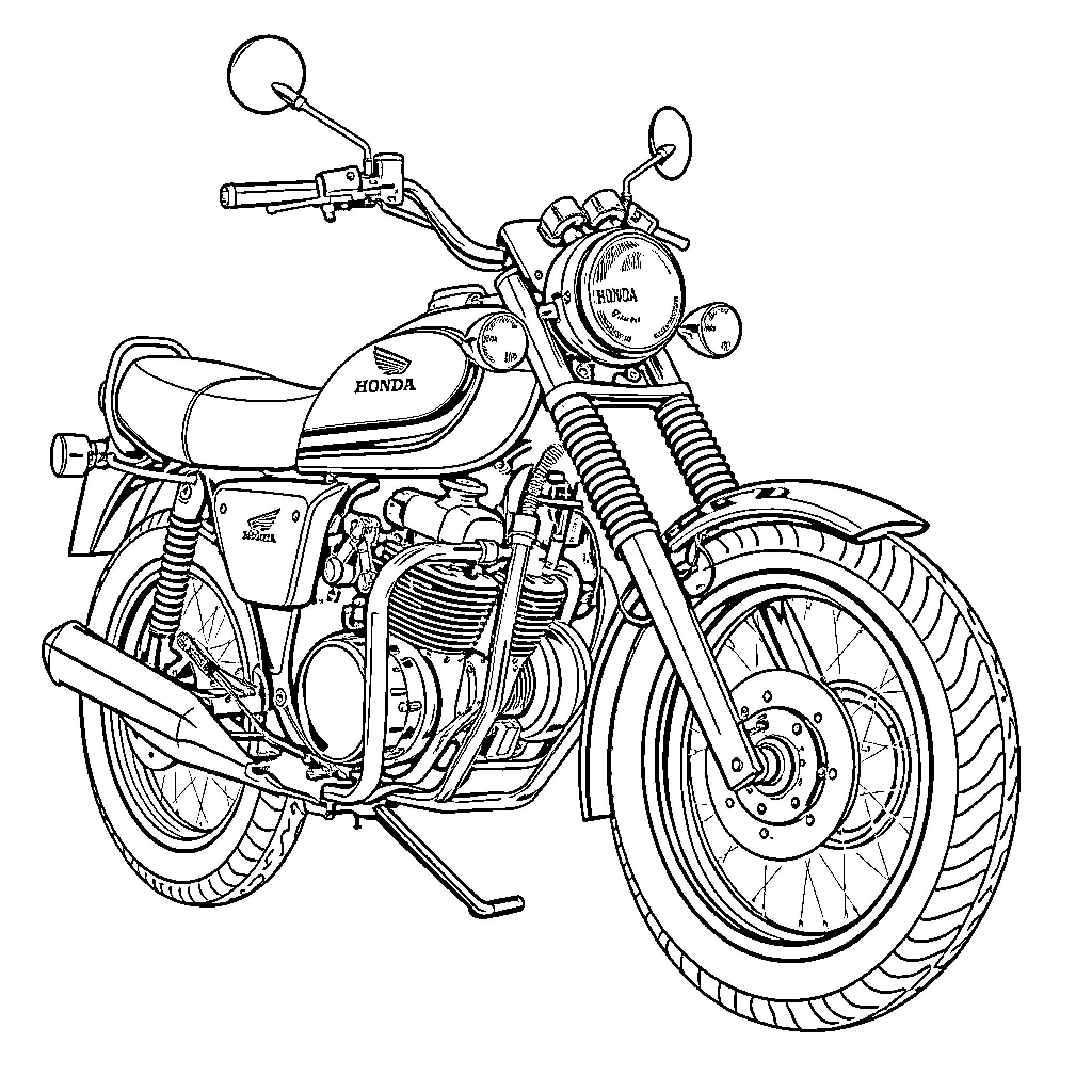 Honda motorcycle depicted in detailed sketch Coloring Page (free black-and-white line drawing printable PDF for all, from beginners to advanced learners, including children, teens, adults, and seniors)