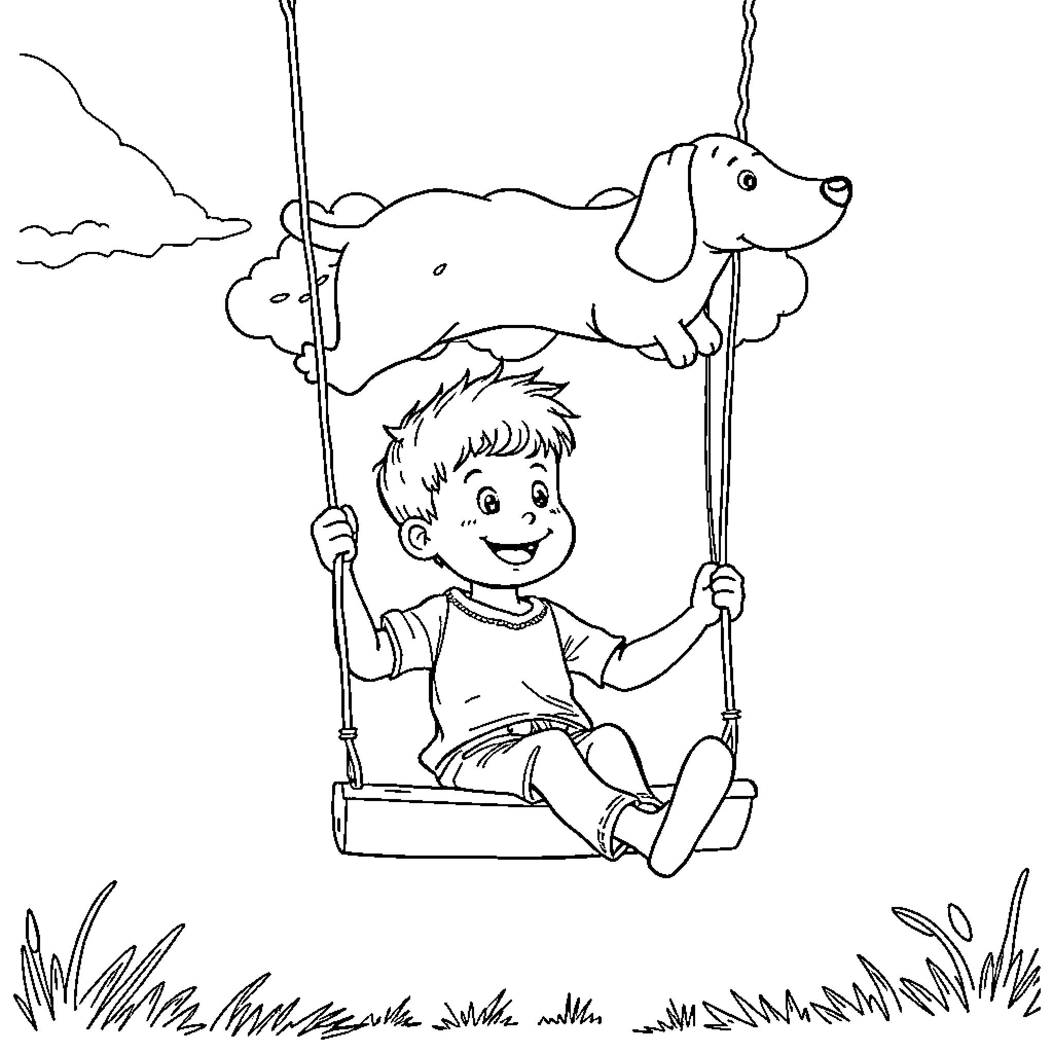 Boy playing on a swing with his puppy Coloring Page (free black-and-white line drawing printable PDF for all, from beginners to advanced learners, including children, teens, adults, and seniors)