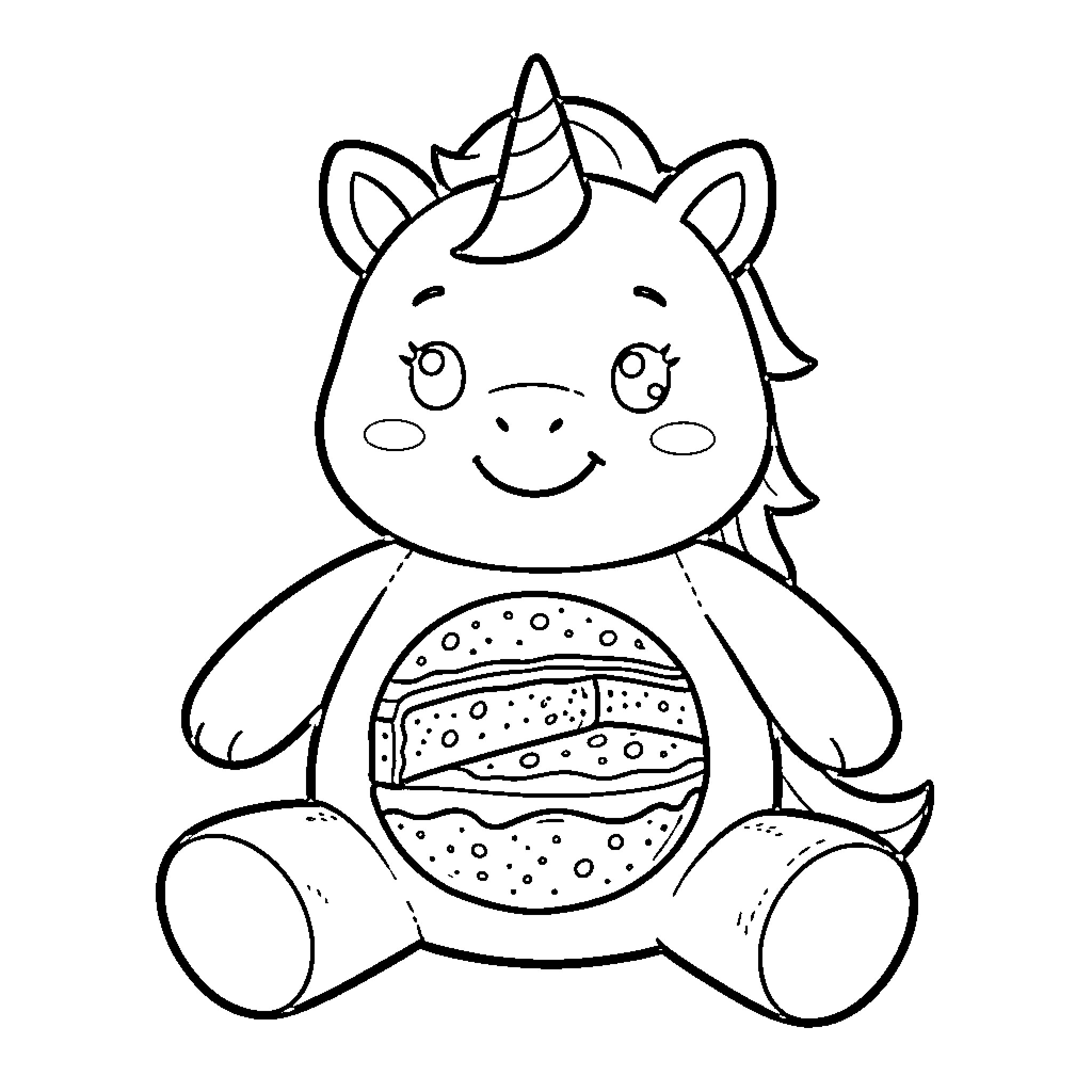 Unicorn sitting calmly with a cute smile Coloring Page (free black-and-white line drawing printable PDF for all, from beginners to advanced learners, including children, teens, adults, and seniors)
