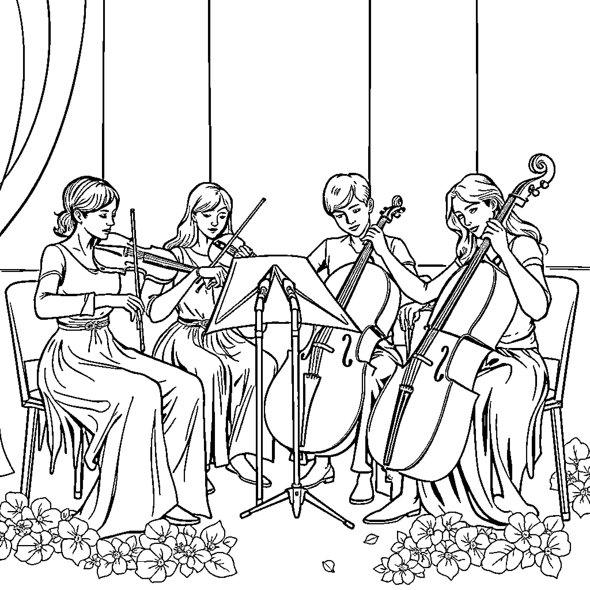 String Quartet Performing on Stage Coloring Page (free black-and-white line drawing printable PDF for all, from beginners to advanced learners, including children, teens, adults, and seniors)
