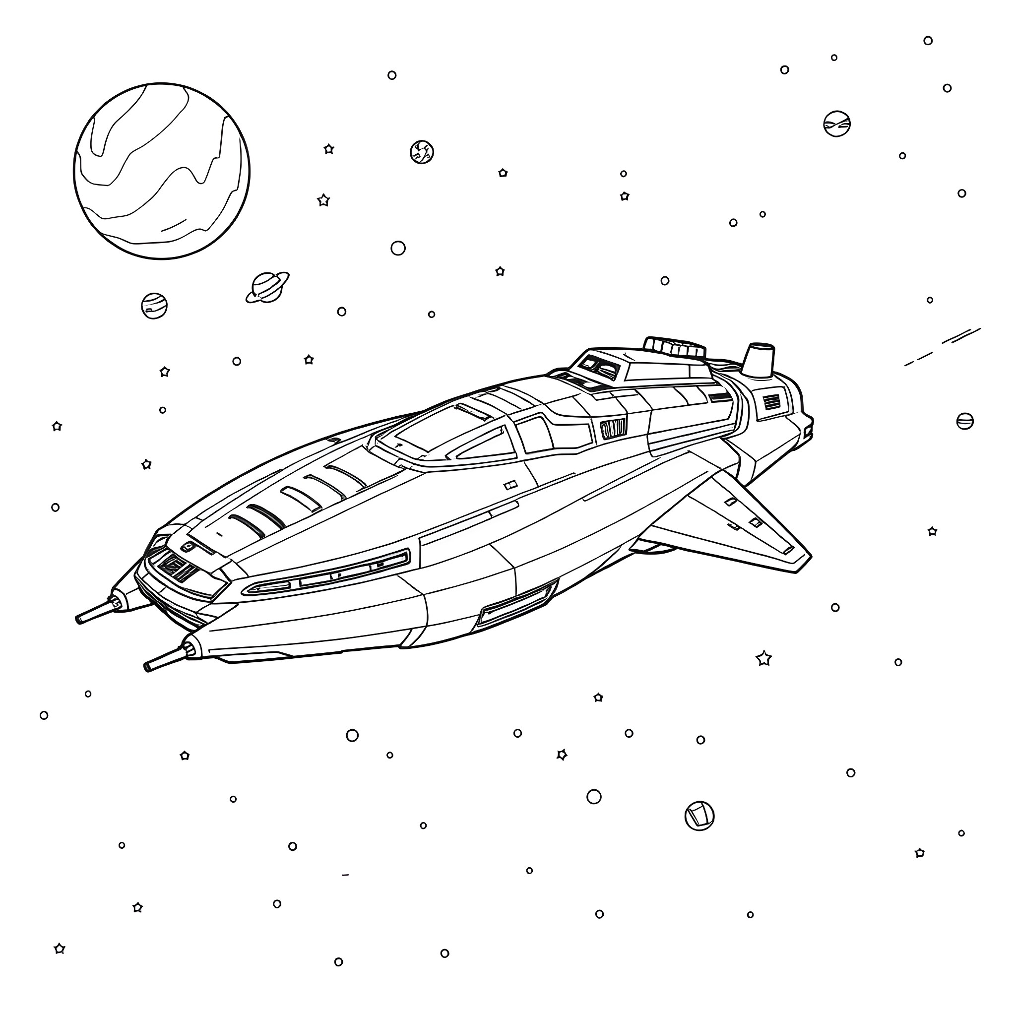 Starship soaring through the cosmic expanse Coloring Page (free black-and-white line drawing printable PDF for all, from beginners to advanced learners, including children, teens, adults, and seniors)
