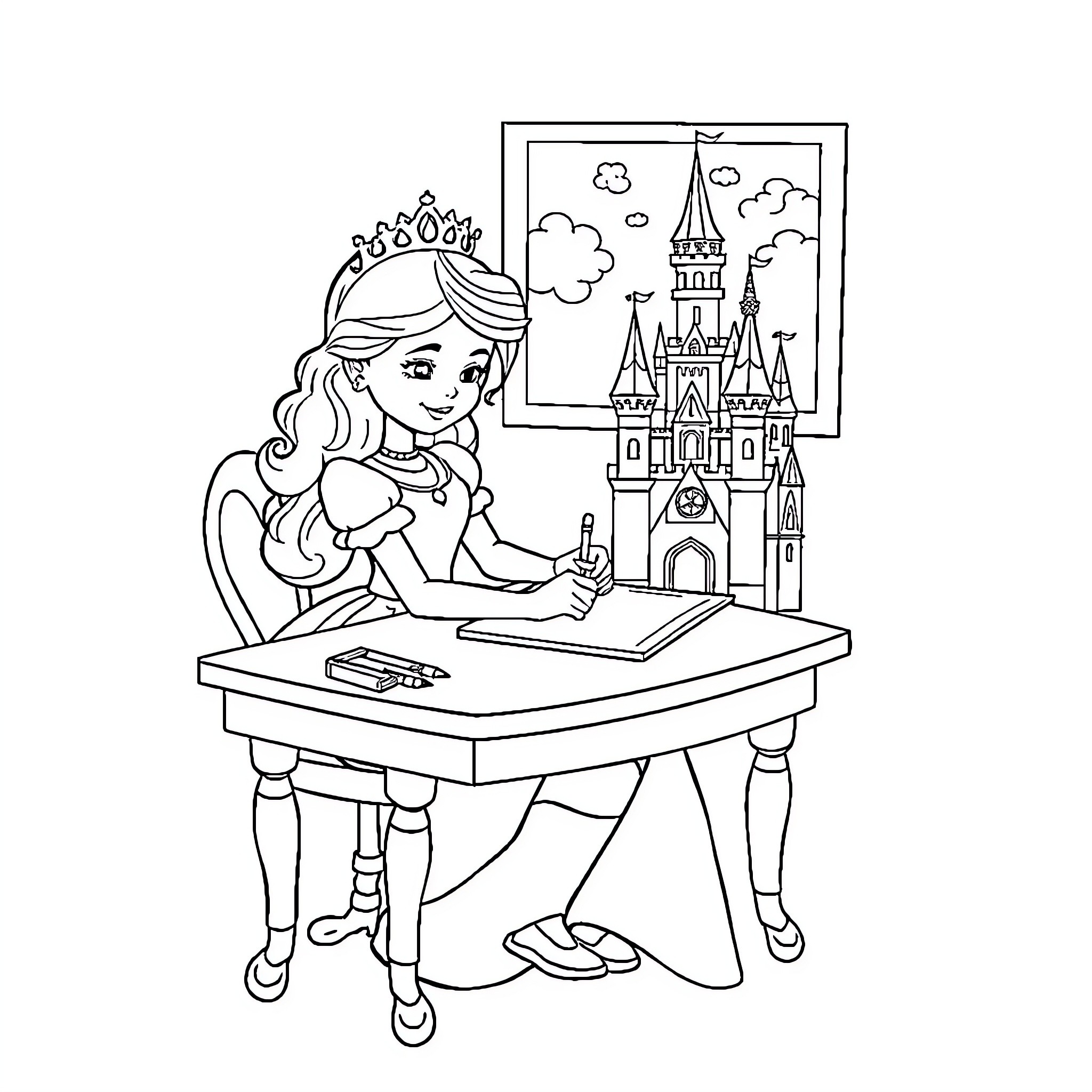 Princess writing a story at her desk Coloring Page (free black-and-white line drawing printable PDF for all, from beginners to advanced learners, including children, teens, adults, and seniors)