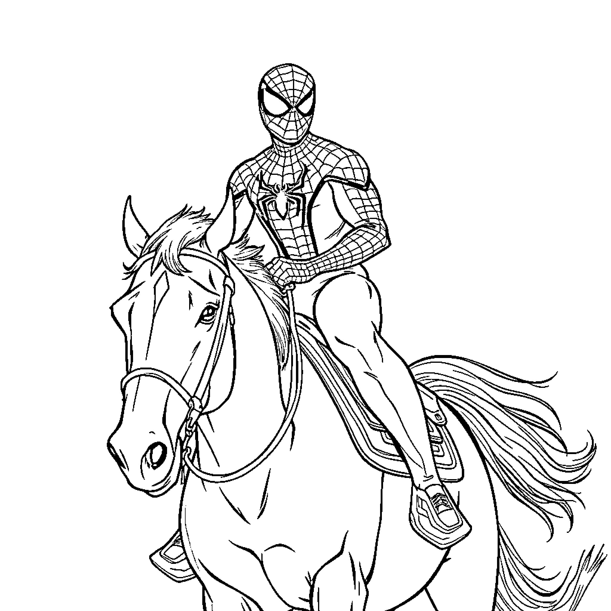 Spider-Man Riding a Majestic Horse Coloring Page (free black-and-white line drawing printable PDF for all, from beginners to advanced learners, including children, teens, adults, and seniors)