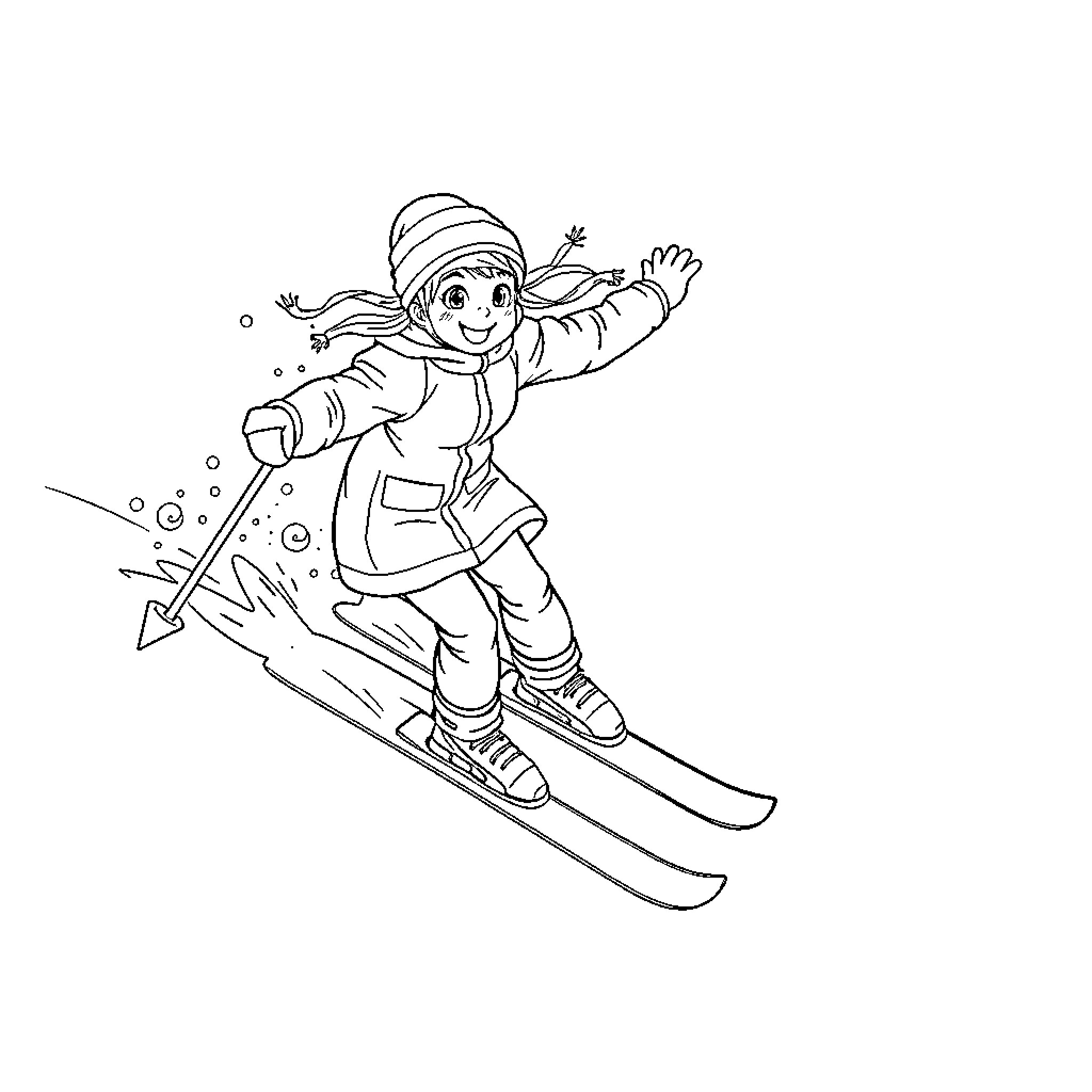 Mortelle Adèle skiing with excitement Coloring Page (free black-and-white line drawing printable PDF for all, from beginners to advanced learners, including children, teens, adults, and seniors)